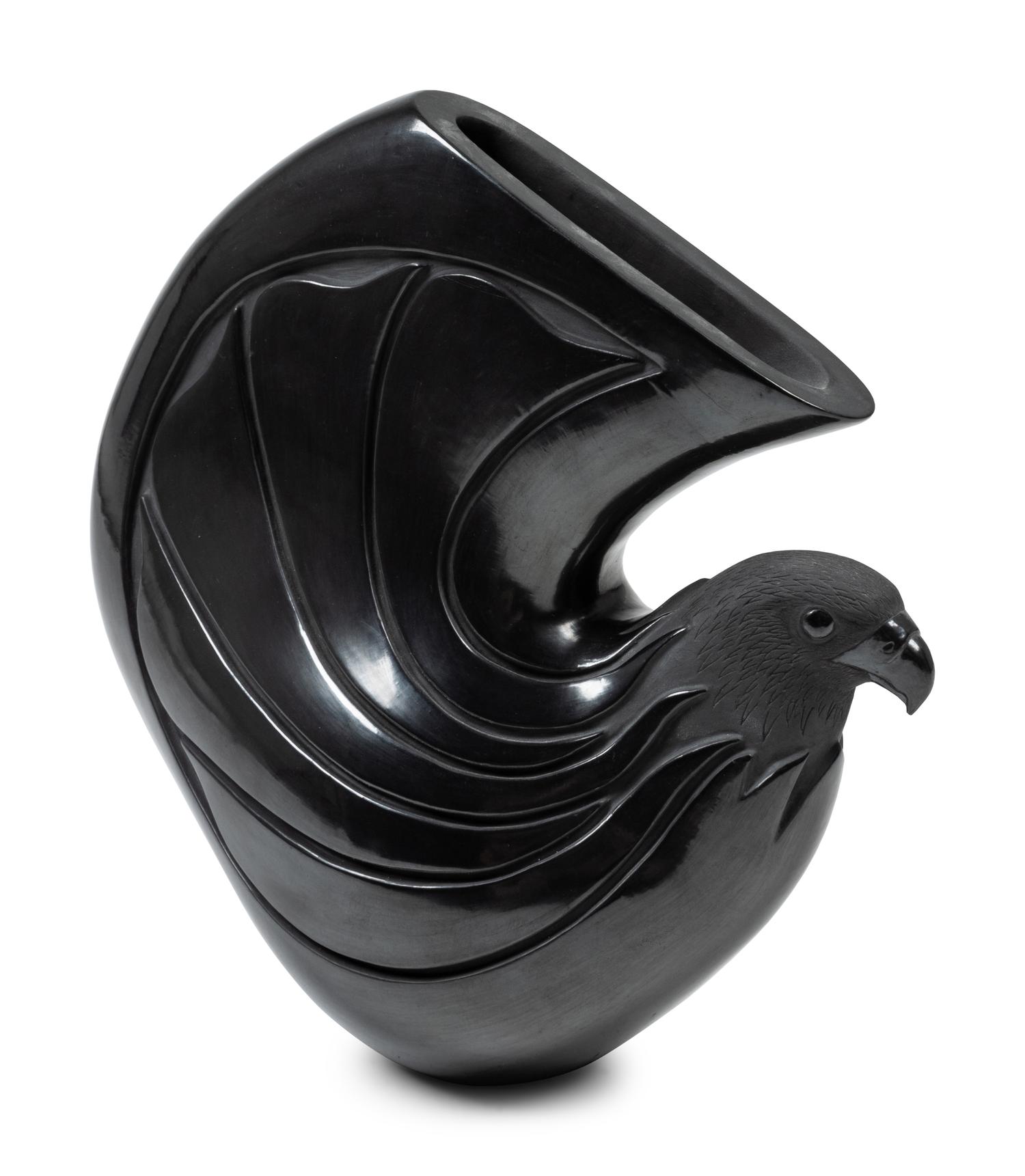 Eagle-Shaped Carved Blackware Pottery Jar, with Gun Metal Finish