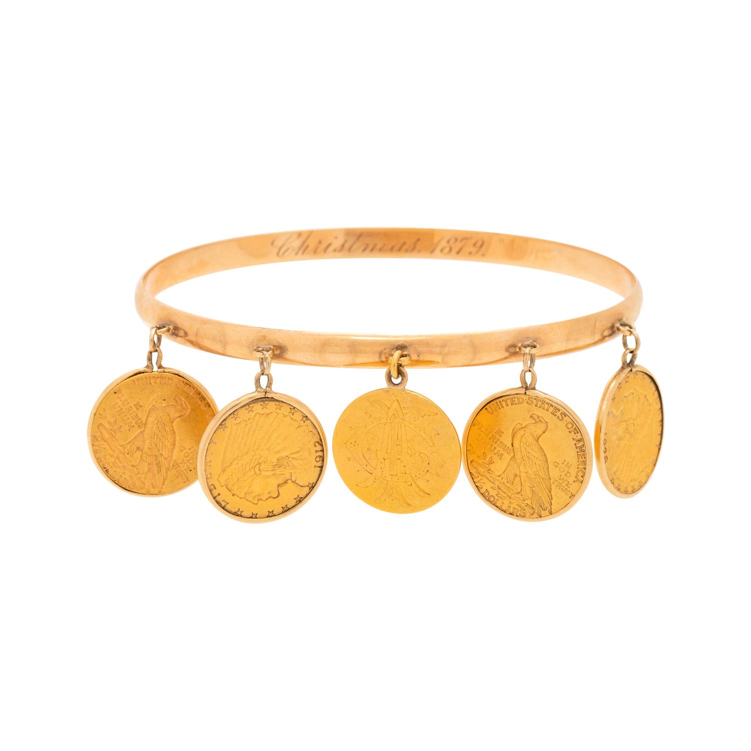 YELLOW GOLD AND COIN BANGLE BRACELET