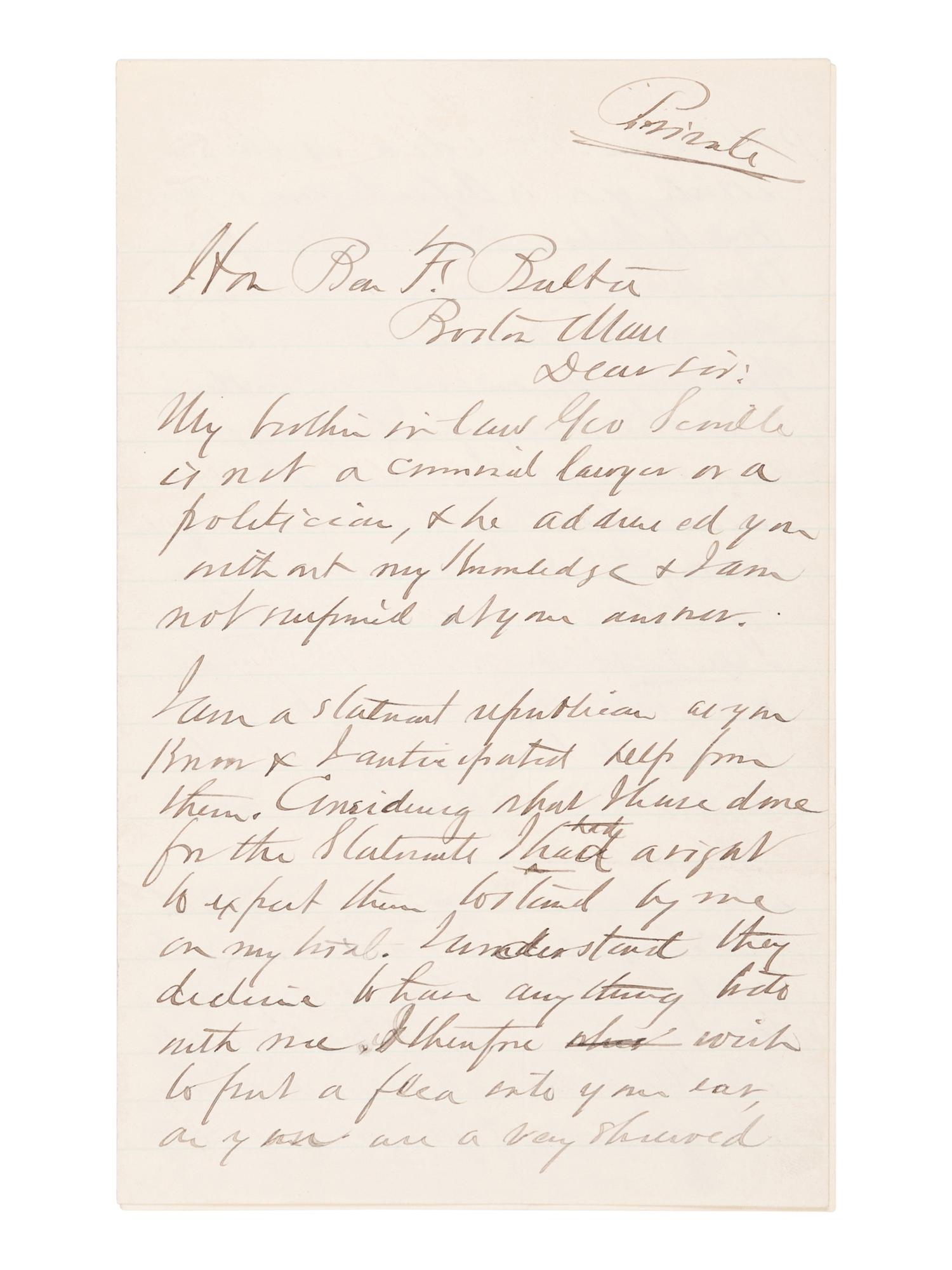 GUITEAU, Charles Julius (1840-1882), Assassin of President James A. Garfield. Autograph letter signed (“C. G.”), to Benjamin F. Butler. Washington, D. C., 19 October 1881.