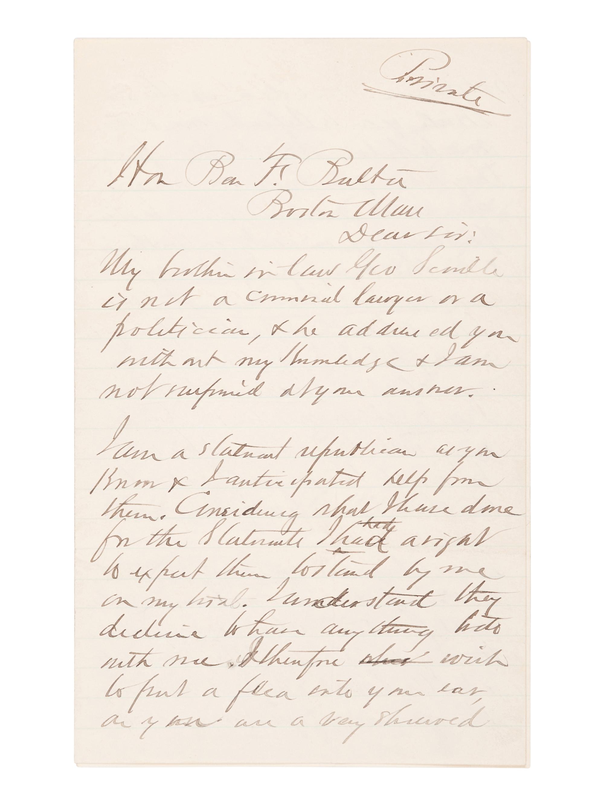 GUITEAU, Charles Julius (1840-1882), Assassin of President James A. Garfield. Autograph letter signed (“C. G.”), to Benjamin F. Butler. Washington, D. C., 19 October 1881.