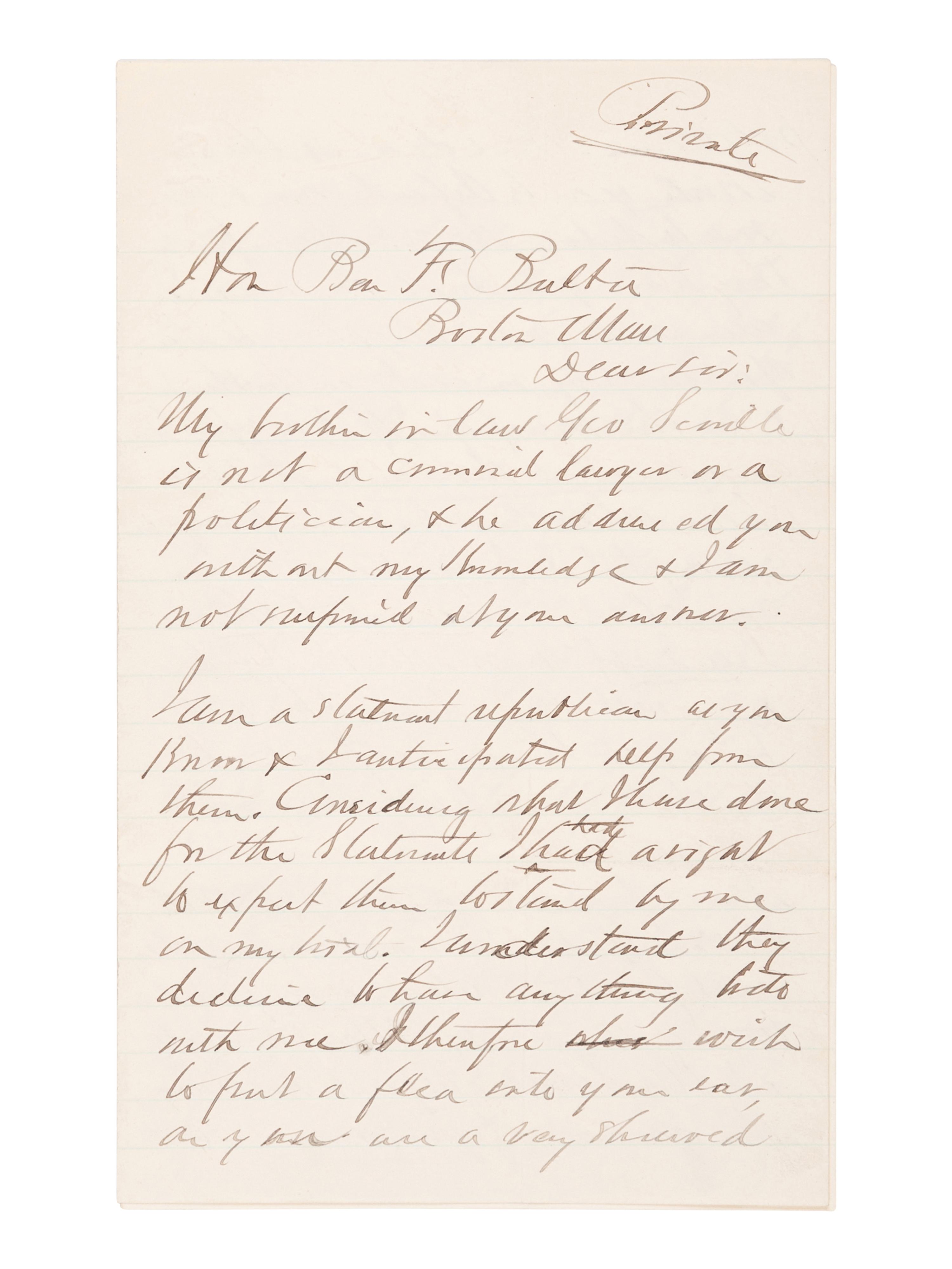GUITEAU, Charles Julius (1840-1882), Assassin of President James A. Garfield. Autograph letter signed (“C. G.”), to Benjamin F. Butler. Washington, D. C., 19 October 1881.
