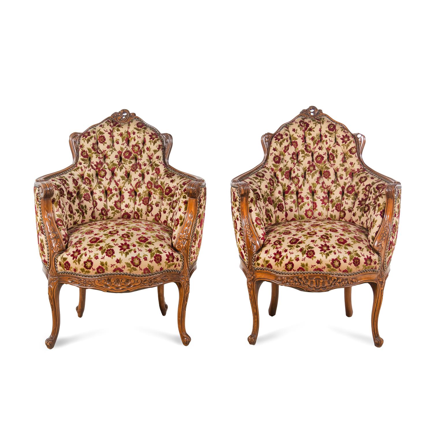 A Pair of Louis XV Style Fruitwood Bergères