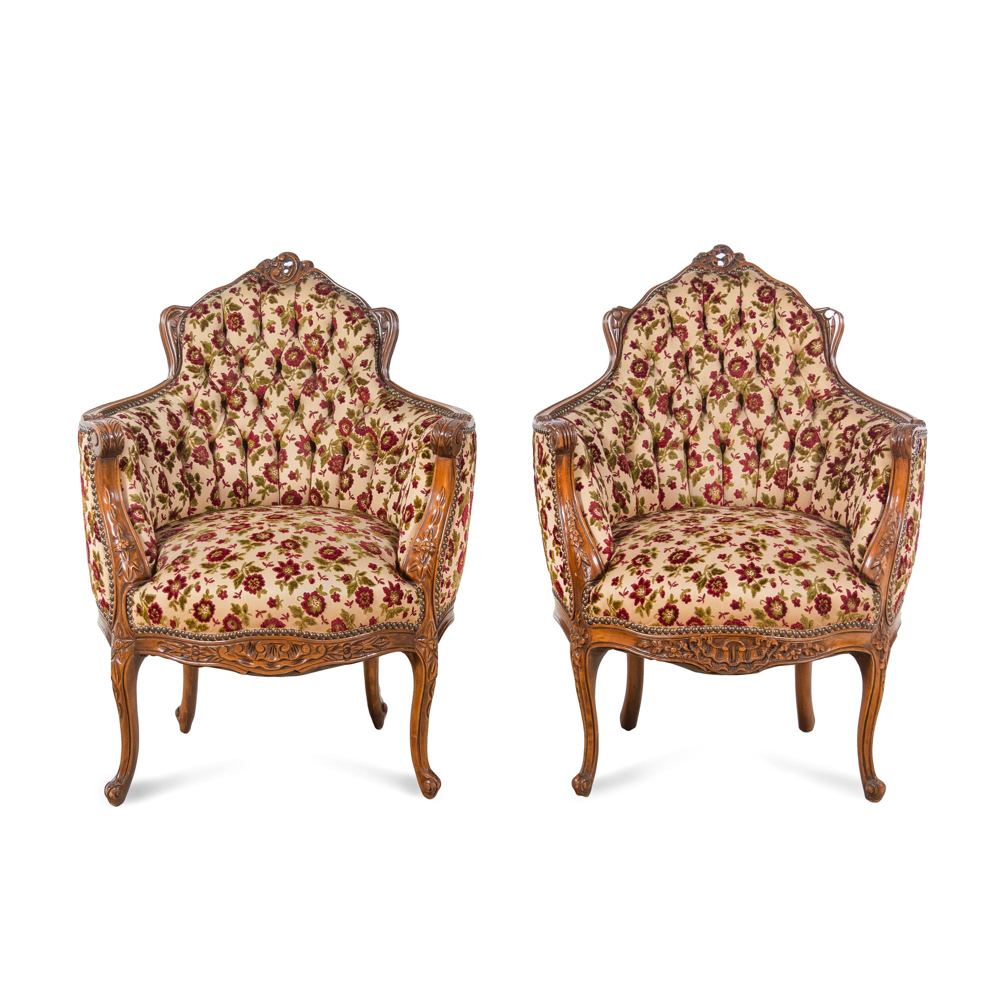 A Pair of Louis XV Style Fruitwood Bergères