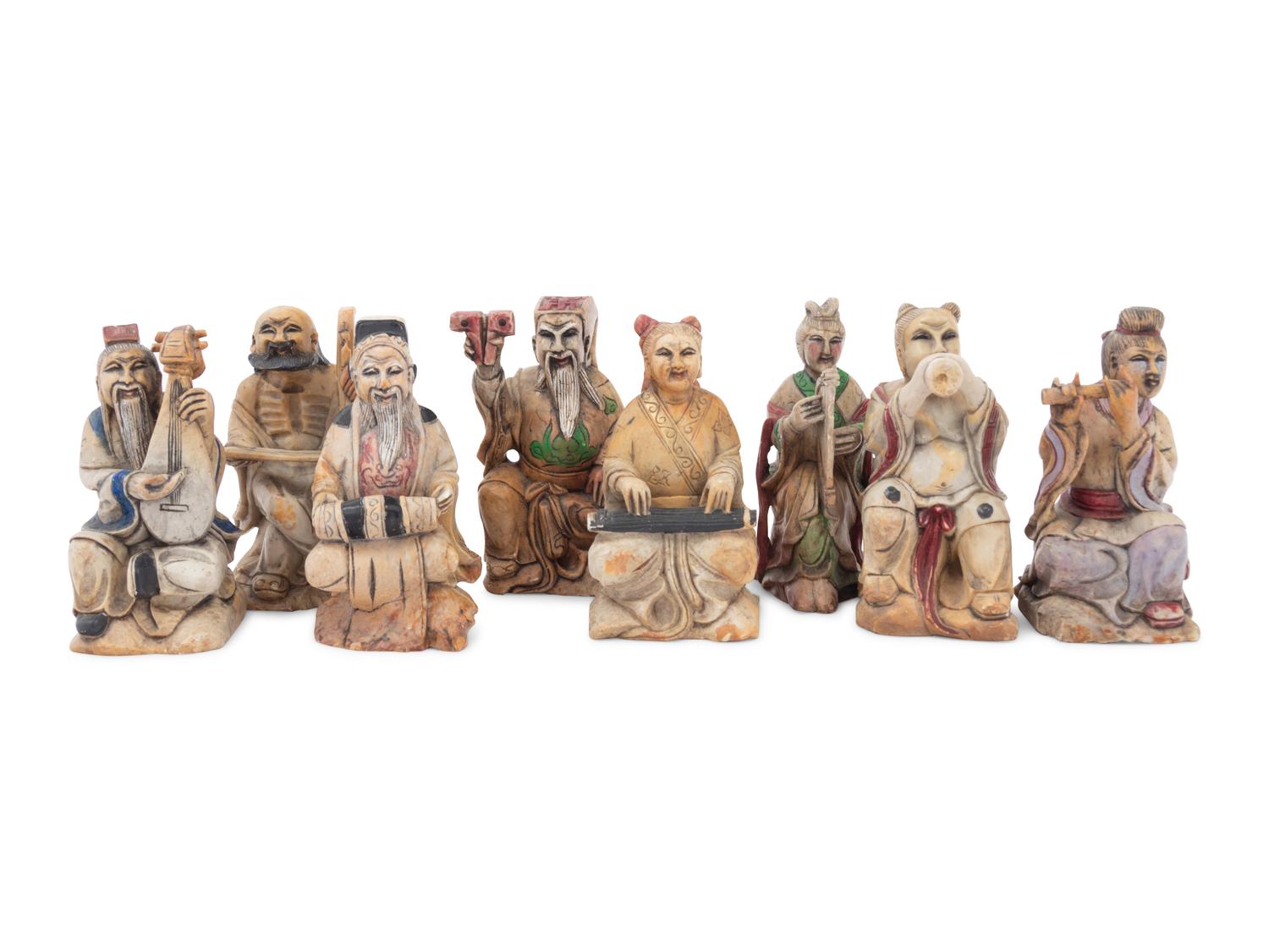 A Set of Eight Chinese Painted Soapstone Figures of Daoist Immortals