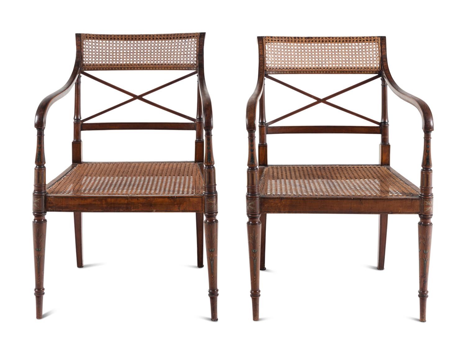 A Pair of Edwardian Painted Satinwood Armchairs
