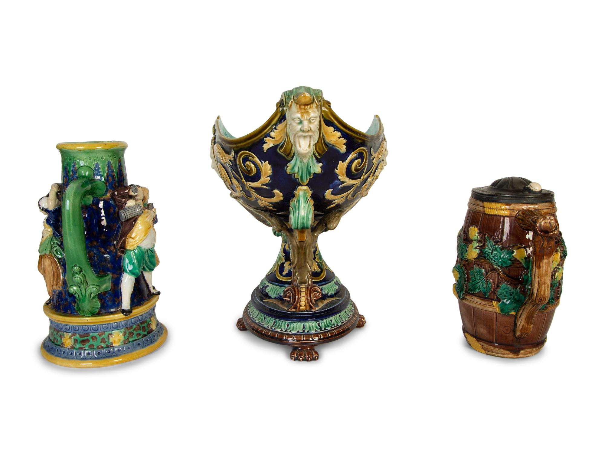 An English Majolica Compote and a Minton Majolica Pitcher and Lidded Jug — 19th Century