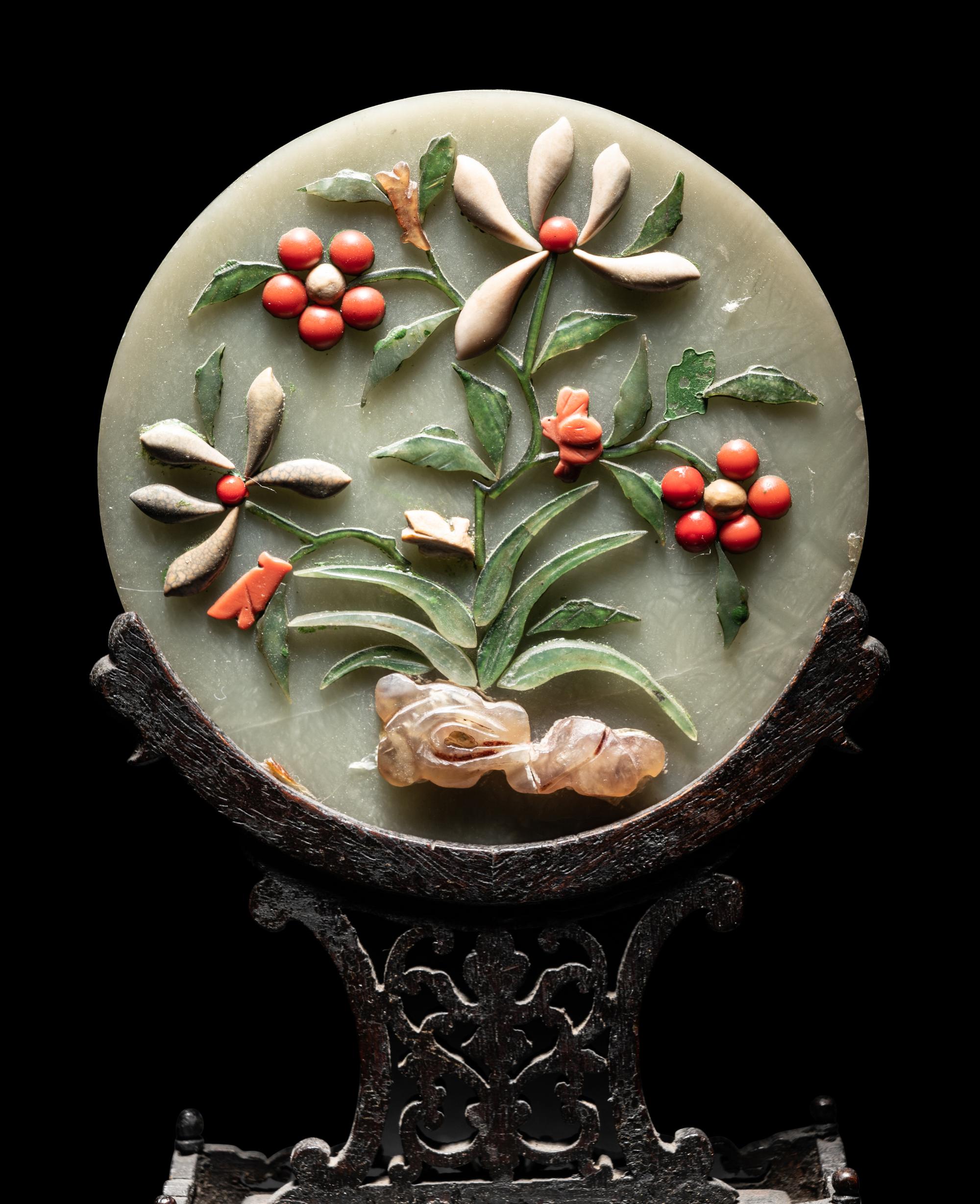 Three Chinese Hardstone Inset Serpentine Table Screens