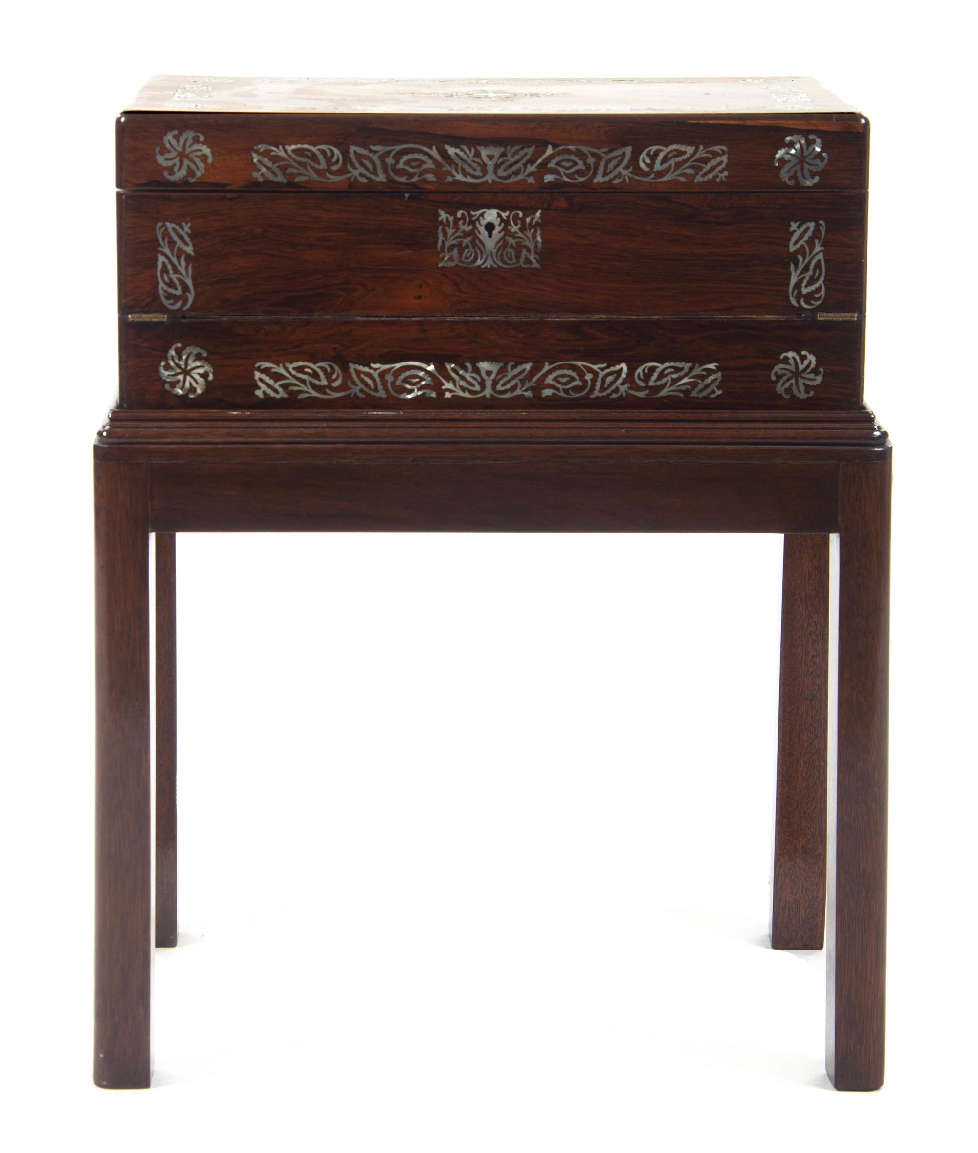 A Victorian Mother-of-Pearl Inlaid Rosewood Writing Box, Height of box 8 x width 17 3/4 x depth 11 inches.