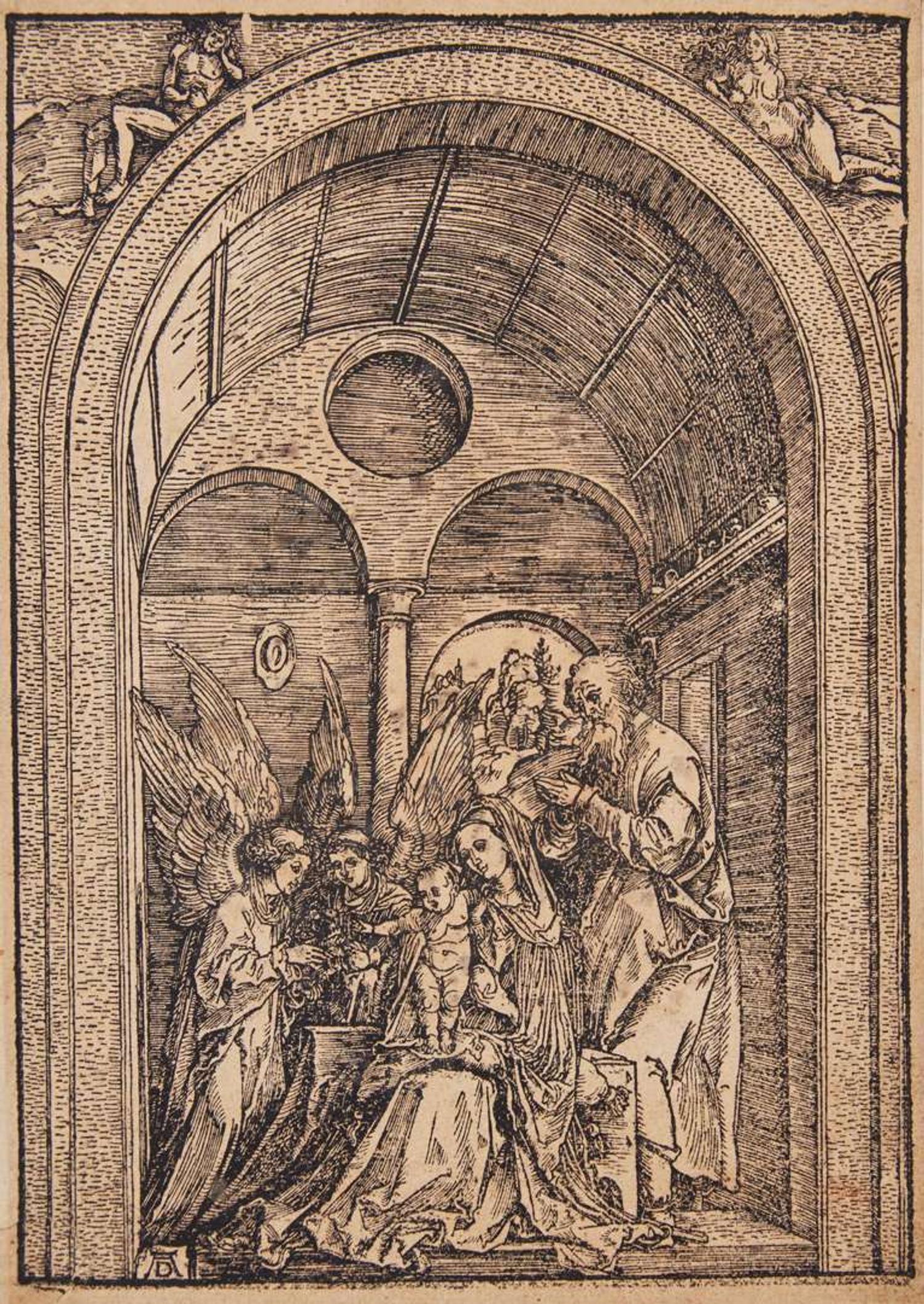 Albrecht Dürer (German, 1471-1528) - The Holy Family with Two Angels in a Vaulted Hall