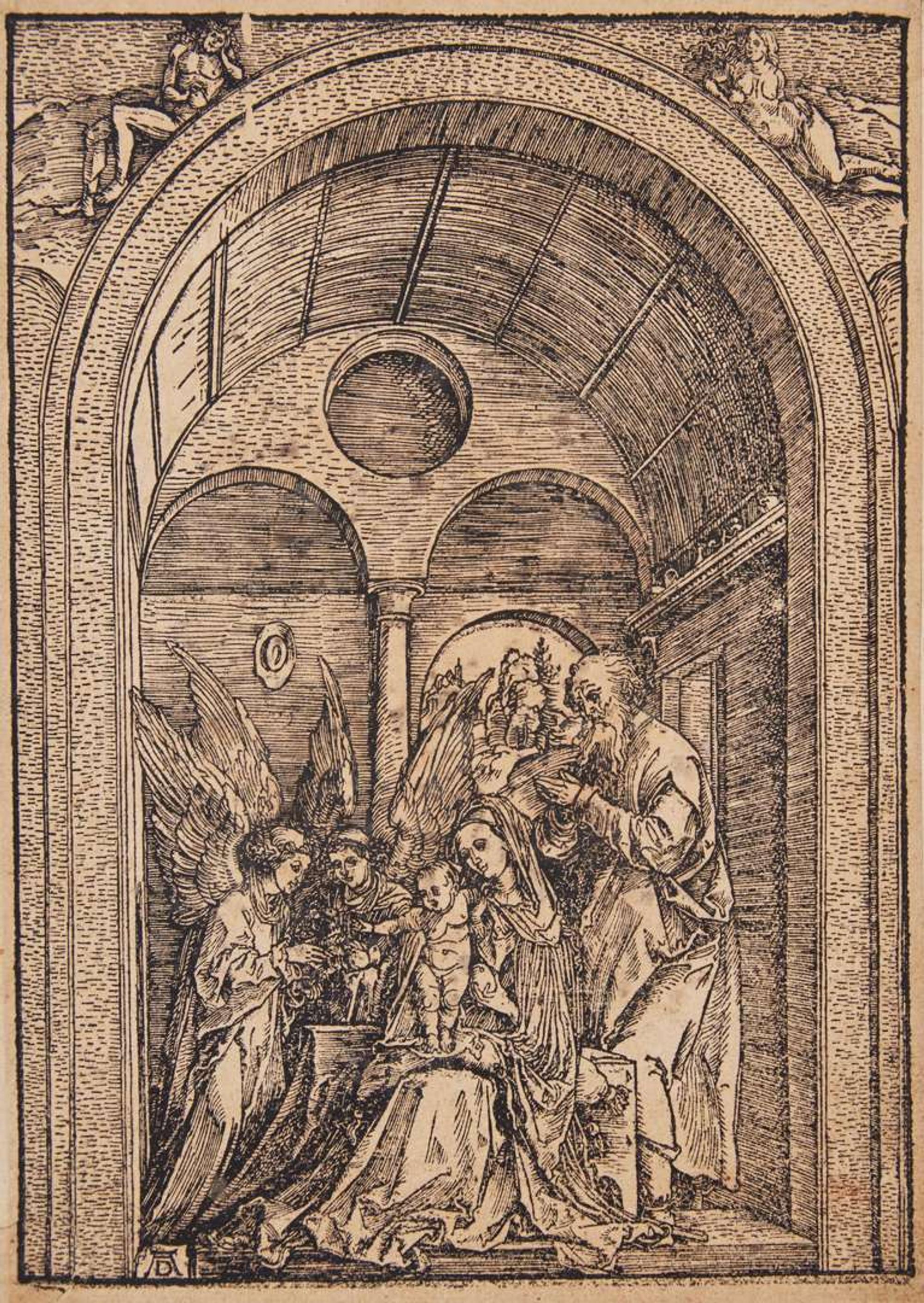 Albrecht Dürer (German, 1471-1528) - The Holy Family with Two Angels in a Vaulted Hall