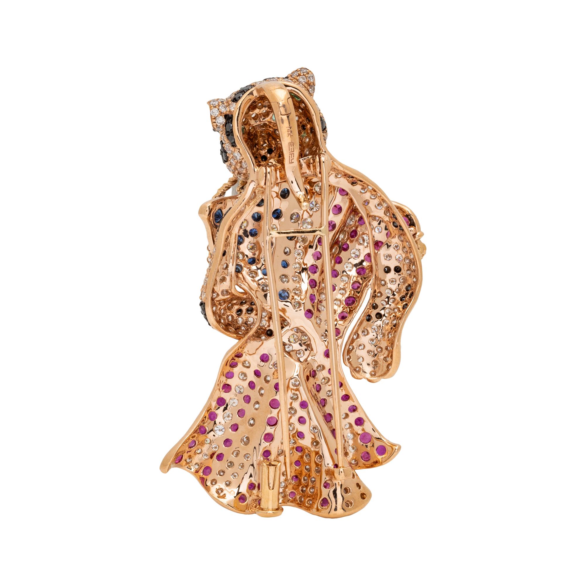 DIAMOND, RUBY AND SAPPHIRE PATRIOTIC LEOPARD PENDANT/BROOCH