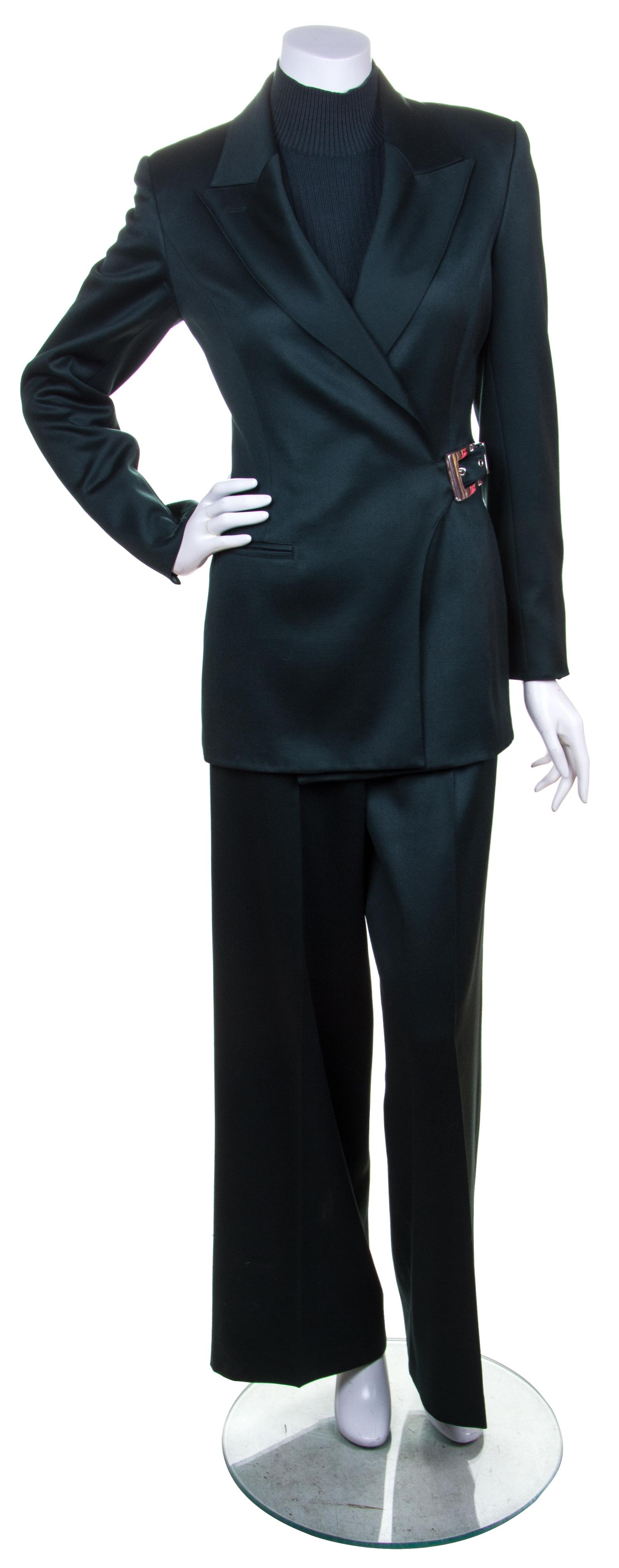 A Claude Montana Forest Green Wool Pant Suit, Size 42/8.