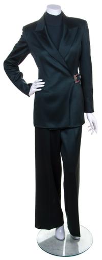 A Claude Montana Forest Green Wool Pant Suit, Size 42/8.