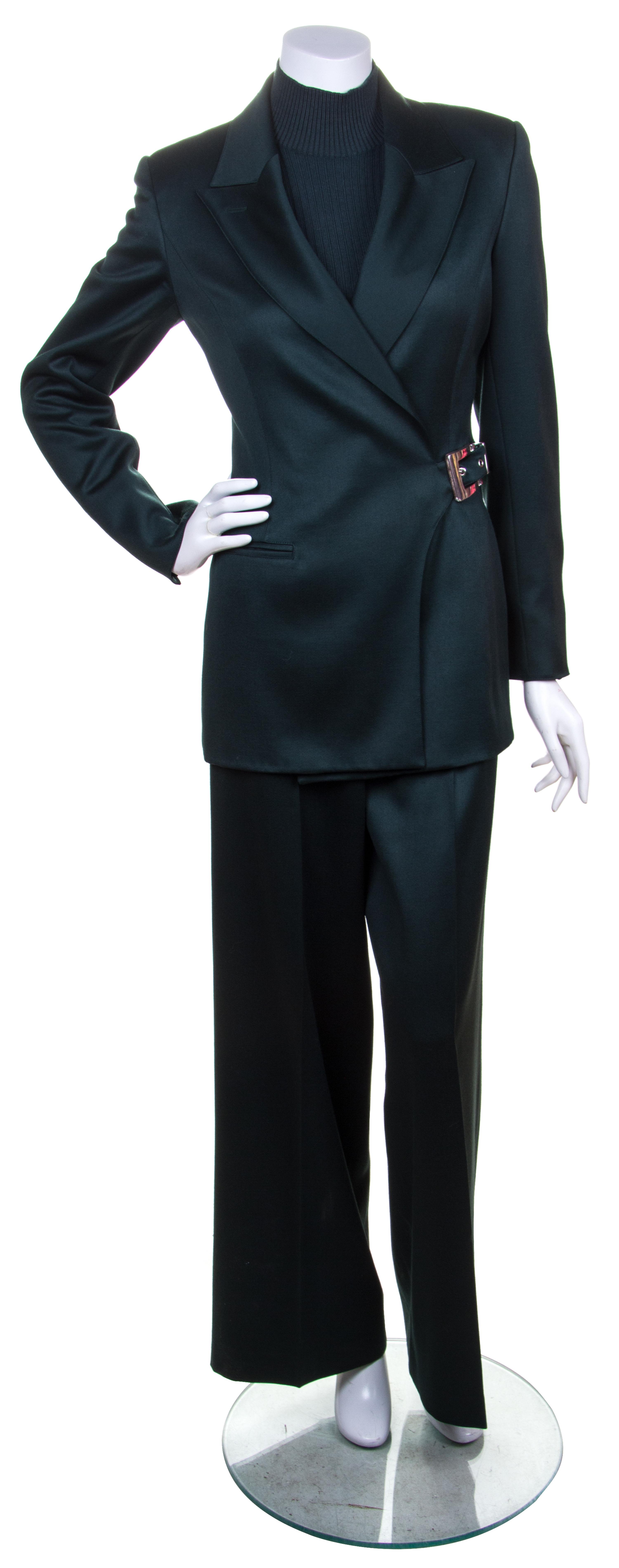 A Claude Montana Forest Green Wool Pant Suit, Size 42/8.