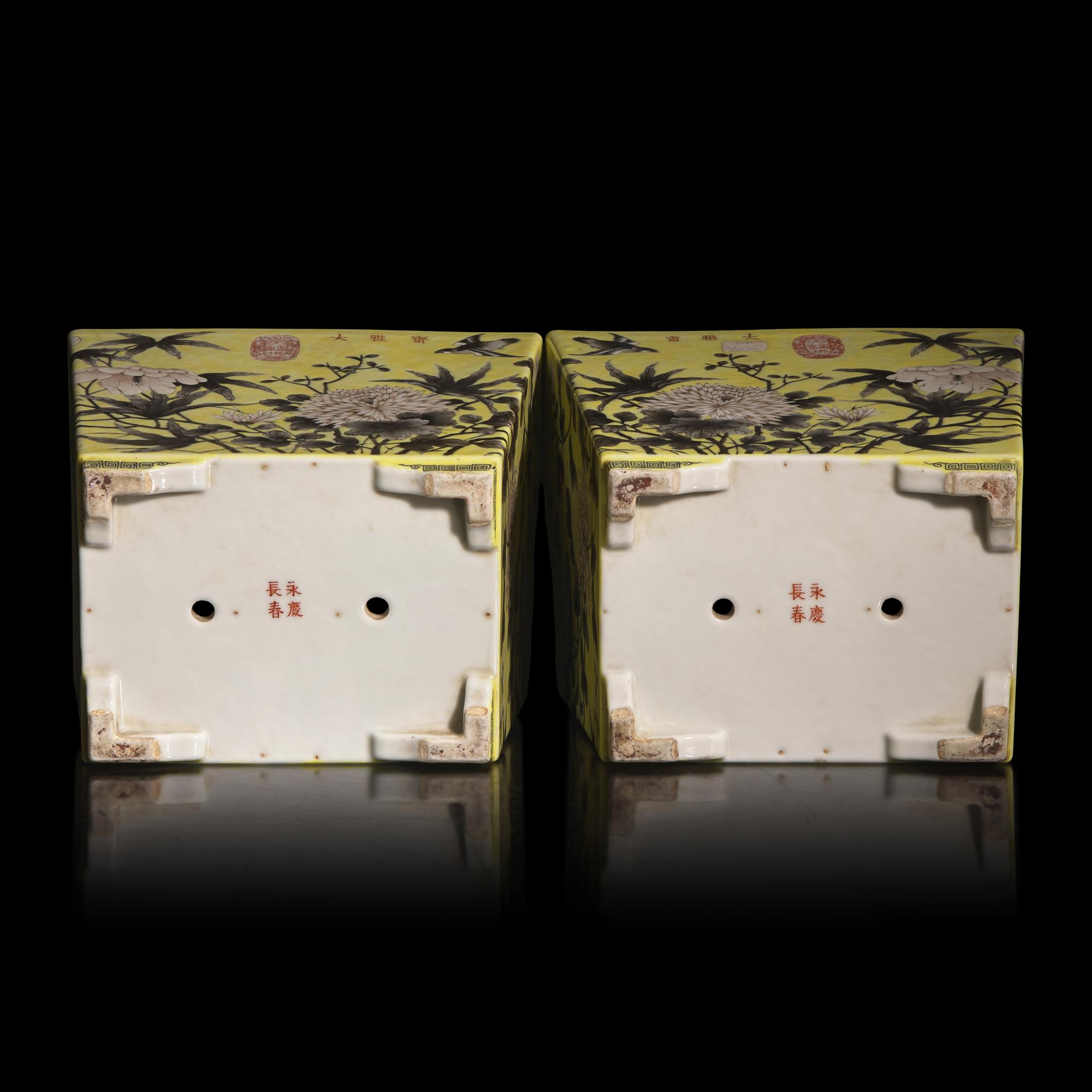 A Pair of Chinese Grisaille Decorated Yellow Ground Porcelain Rectangular Cachepots, 20th Century — 近代 黃地墨彩‘大雅齋’四方花盆一對