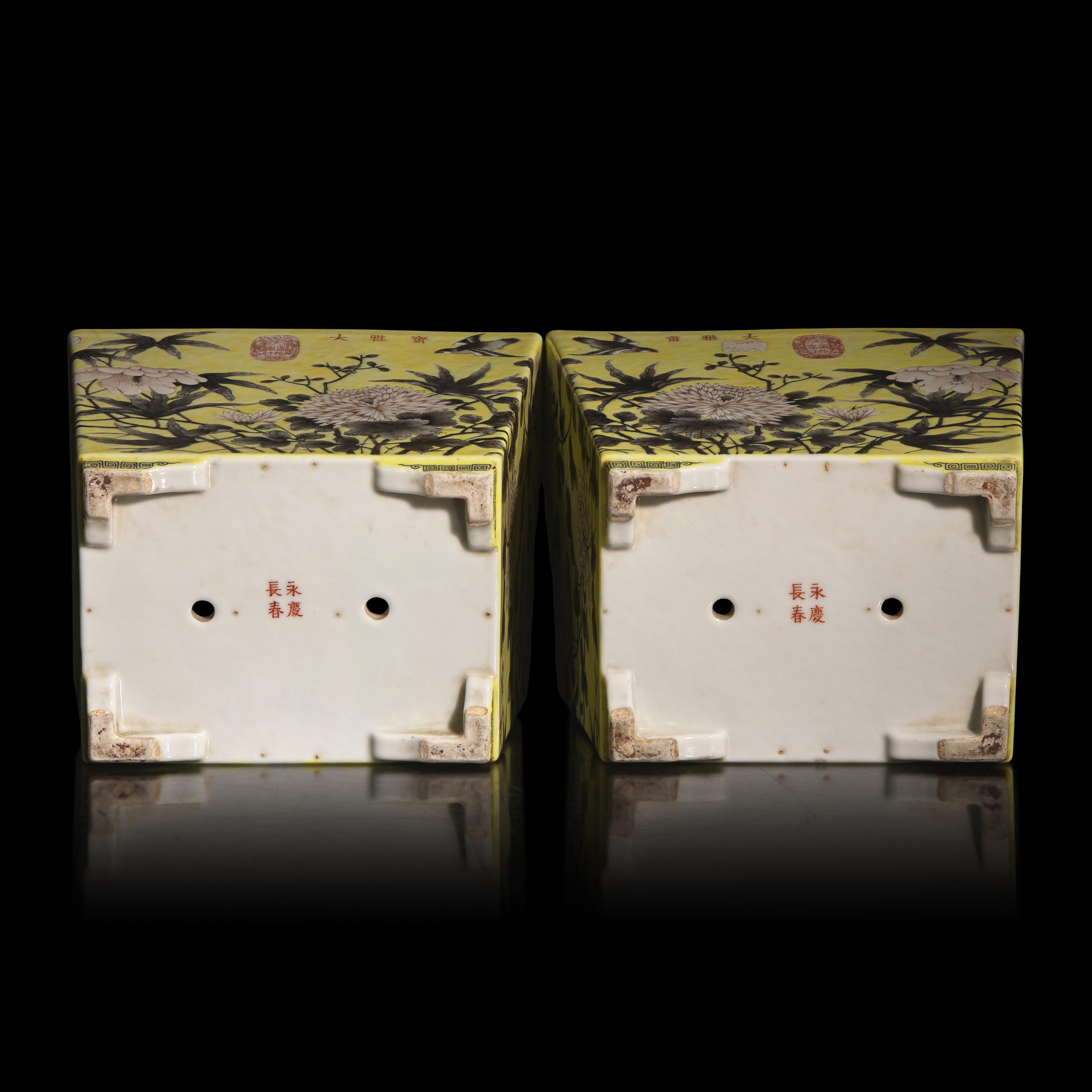 A Pair of Chinese Grisaille Decorated Yellow Ground Porcelain Rectangular Cachepots, 20th Century — 近代 黃地墨彩‘大雅齋’四方花盆一對