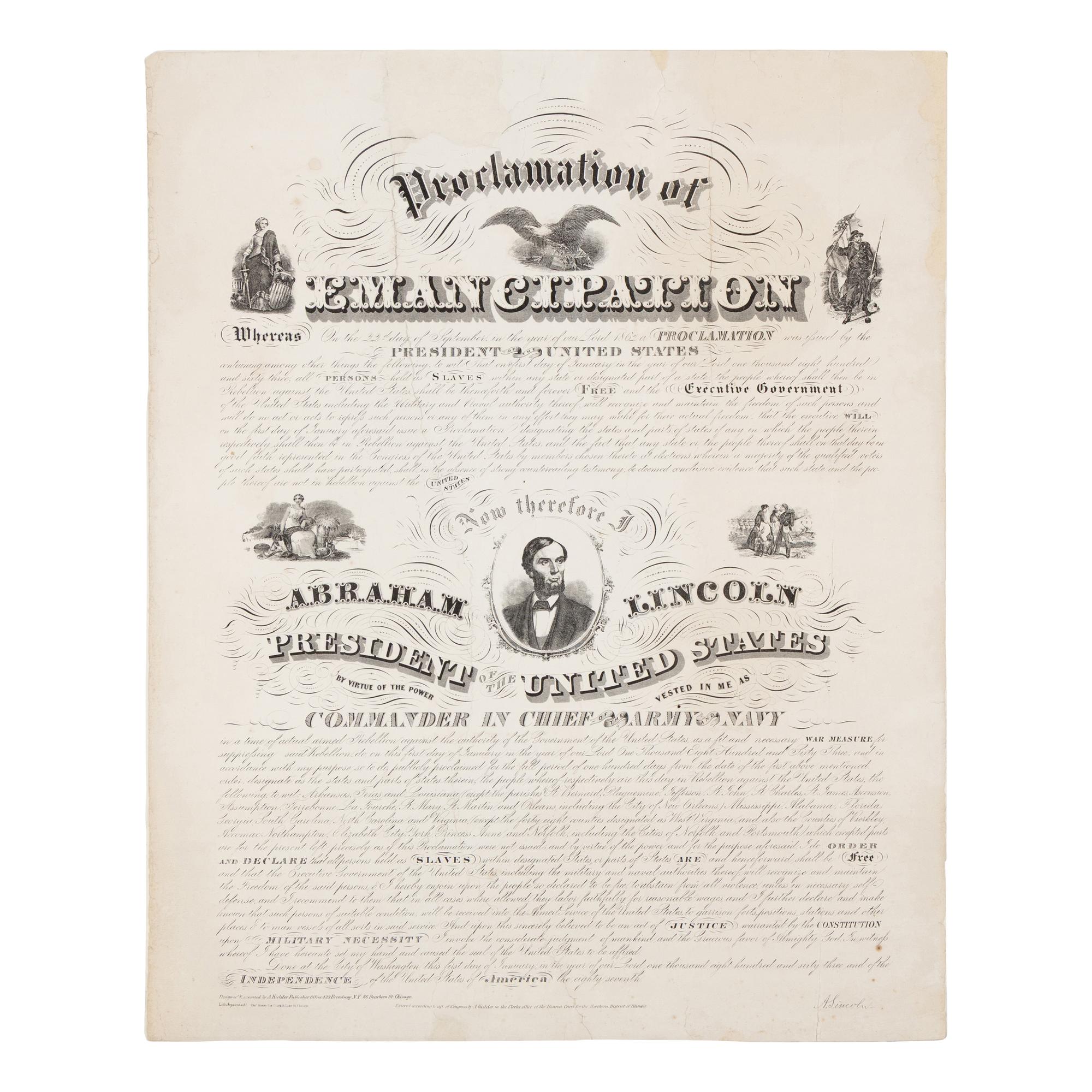 LINCOLN, Abraham (1809-1865). Proclamation of Emancipation . Chicago: Chas. Shober, 1864.