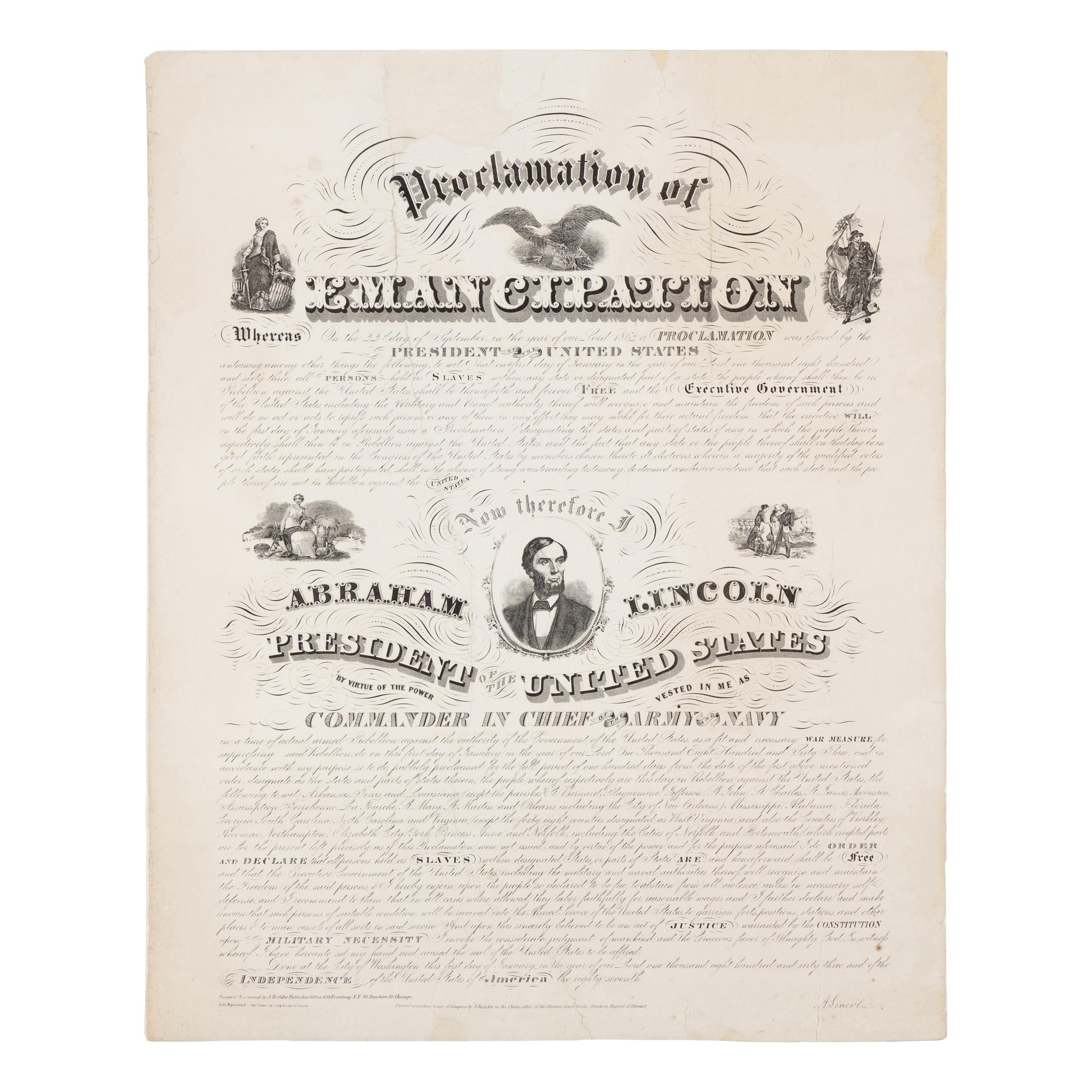 LINCOLN, Abraham (1809-1865). Proclamation of Emancipation . Chicago: Chas. Shober, 1864.