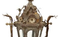 An Italian Tole Swinging Lantern on a Giltwood Stand