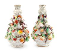 A Pair of German Porcelain Schneeballen Vases Height 14 1/4 inches.