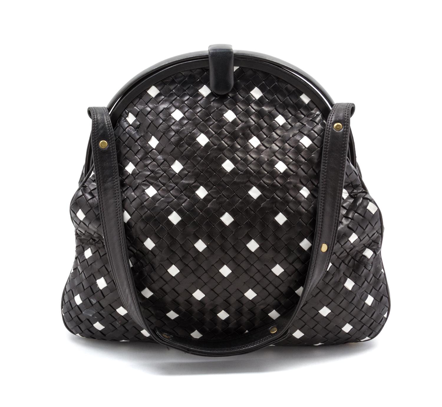 A Bottega Veneta Black and White Intrecciato Leather Bag, 14 1/2 x 11 1/2 x 4 1/2 inches.