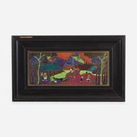 A Wedgwood Fairyland Lustre "Picnic by a River" Plaque UK, circa 1920