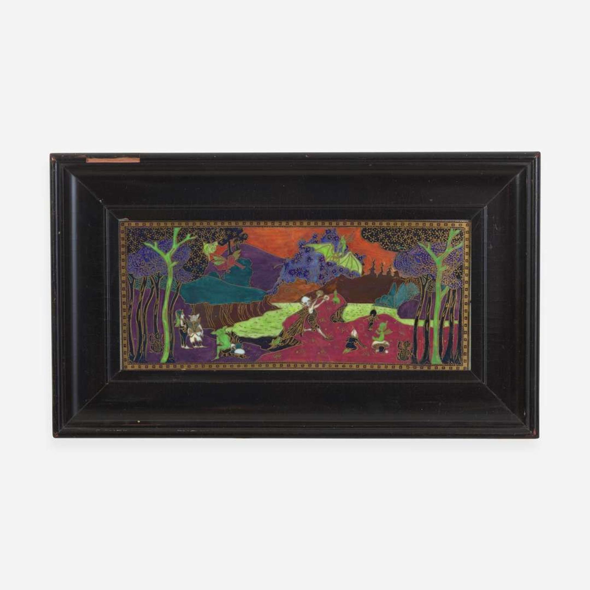 A Wedgwood Fairyland Lustre "Picnic by a River" Plaque UK, circa 1920