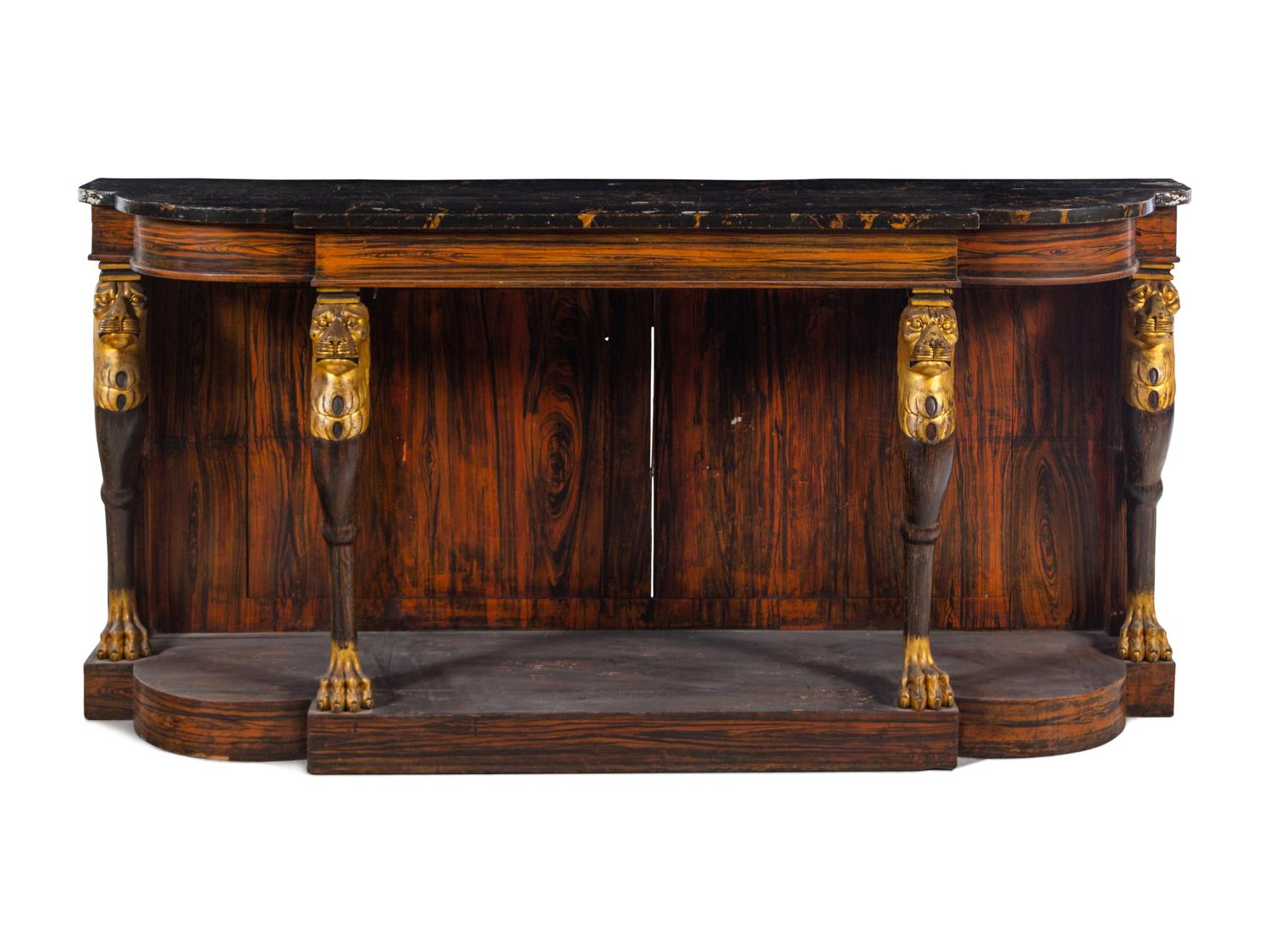 A Regency Style Grain-Painted and Parcel Gilt Faux Marble-Top Console Table