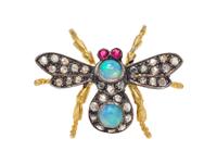 A Gilt Silver, Opal, Diamond, Ruby Bug Brooch, 1.60 dwts.