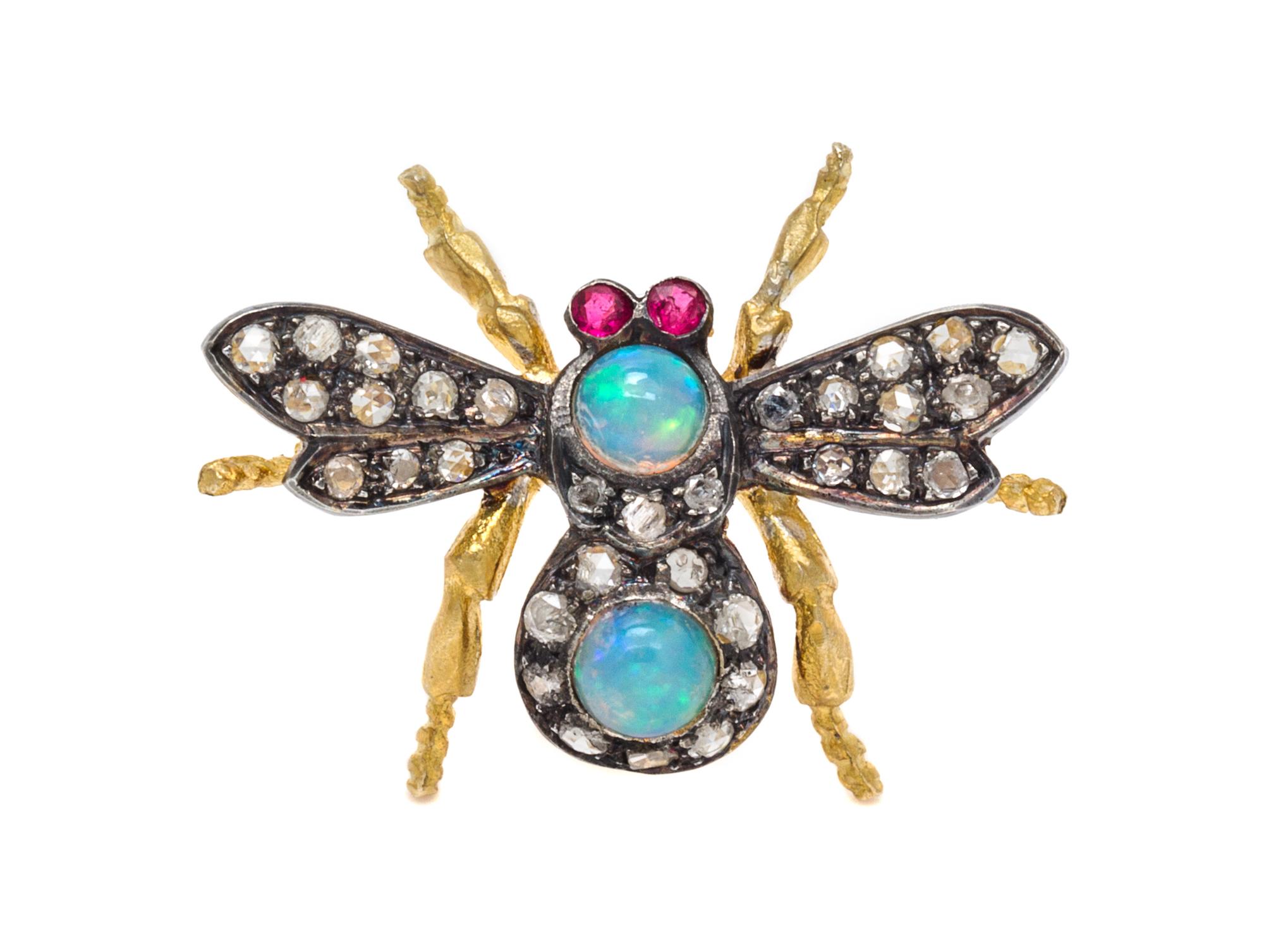 A Gilt Silver, Opal, Diamond, Ruby Bug Brooch, 1.60 dwts.