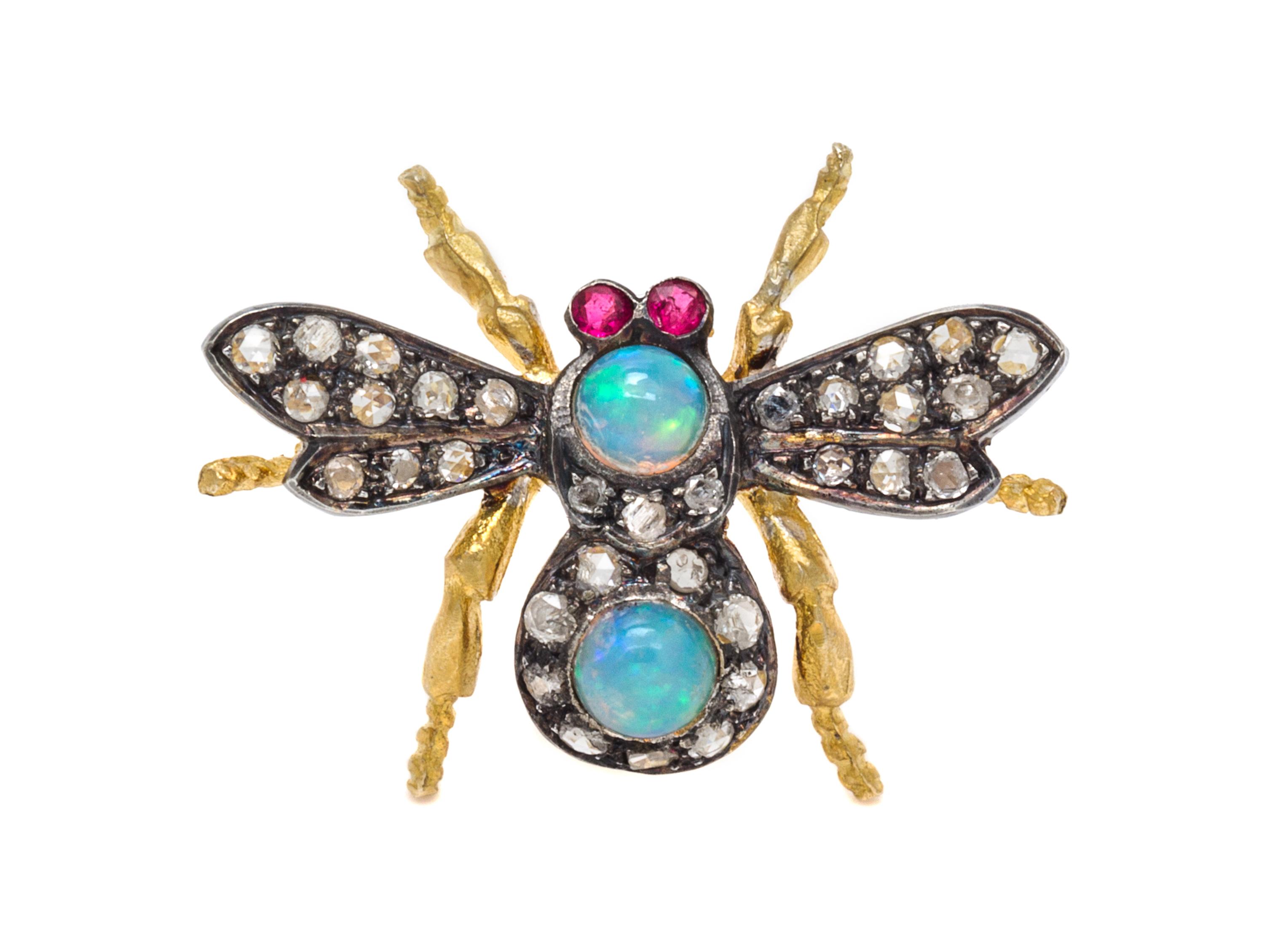 A Gilt Silver, Opal, Diamond, Ruby Bug Brooch, 1.60 dwts.