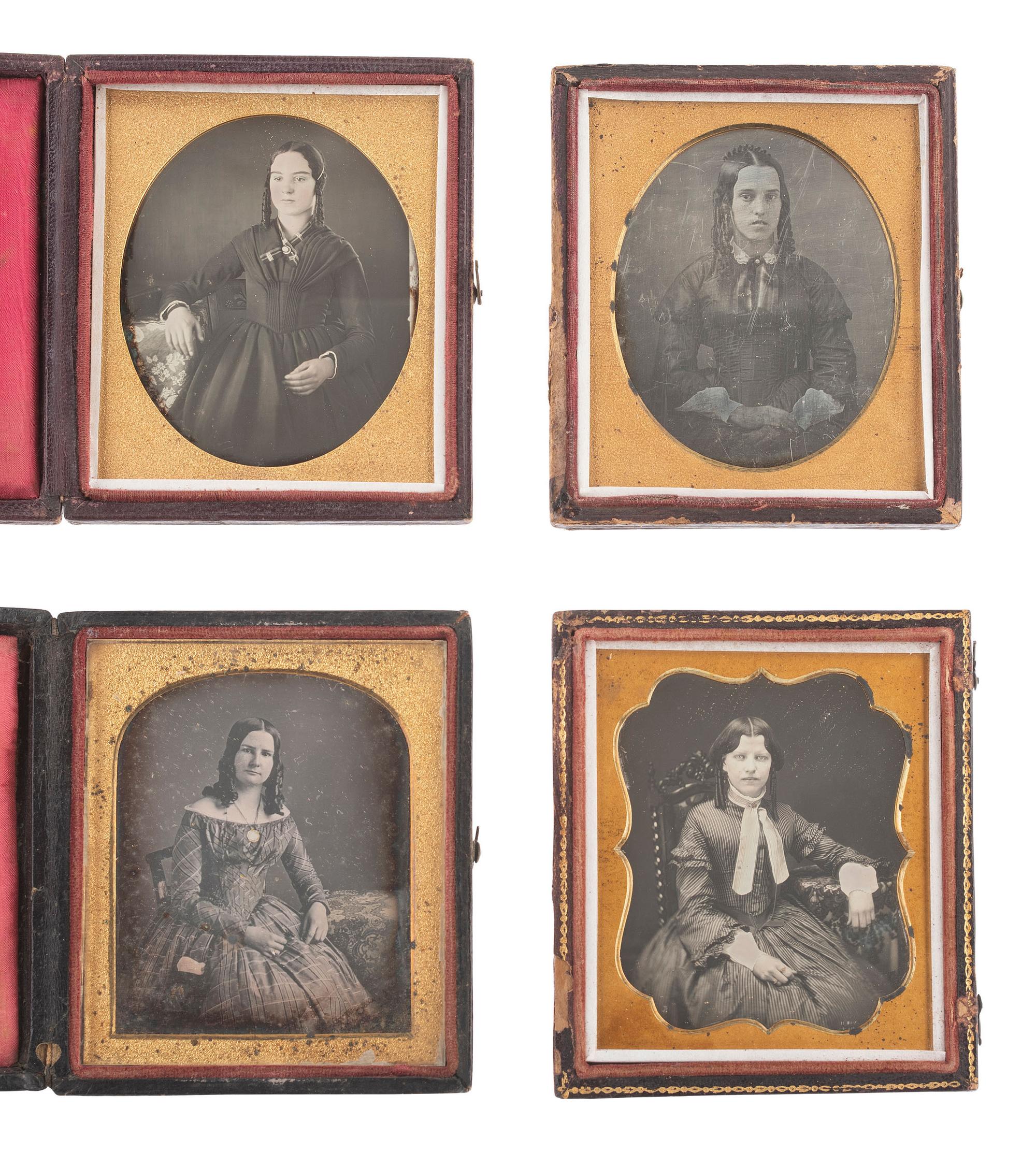 [EARLY PHOTOGRAPHY]. 14 sixth plate daguerreotypes of women and girls with curled and braided hair.