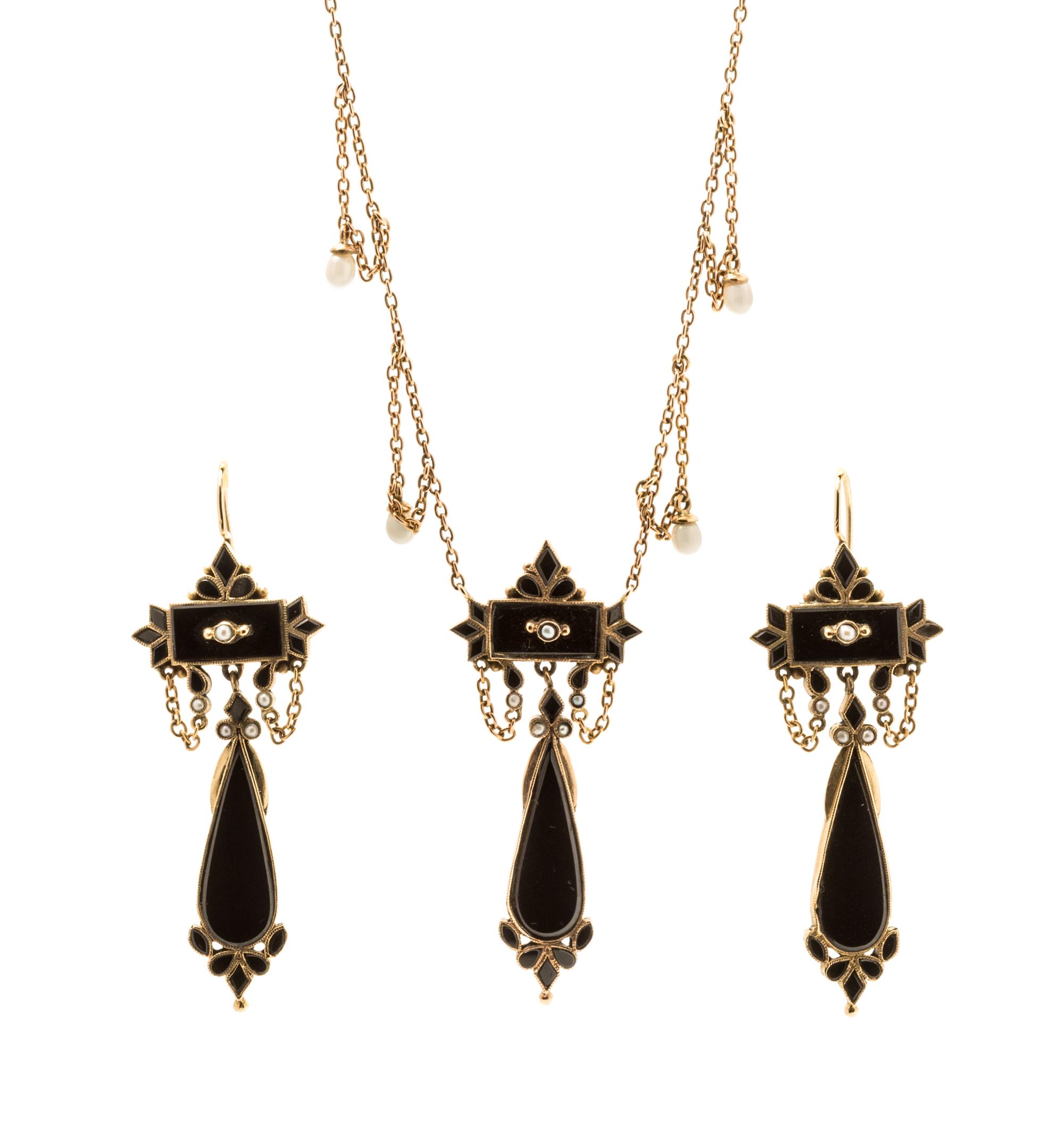 A Victorian Yellow Gold, Onyx and Seed Pearl Mourning Jewelry Demi Parure, 16.80 dwts.