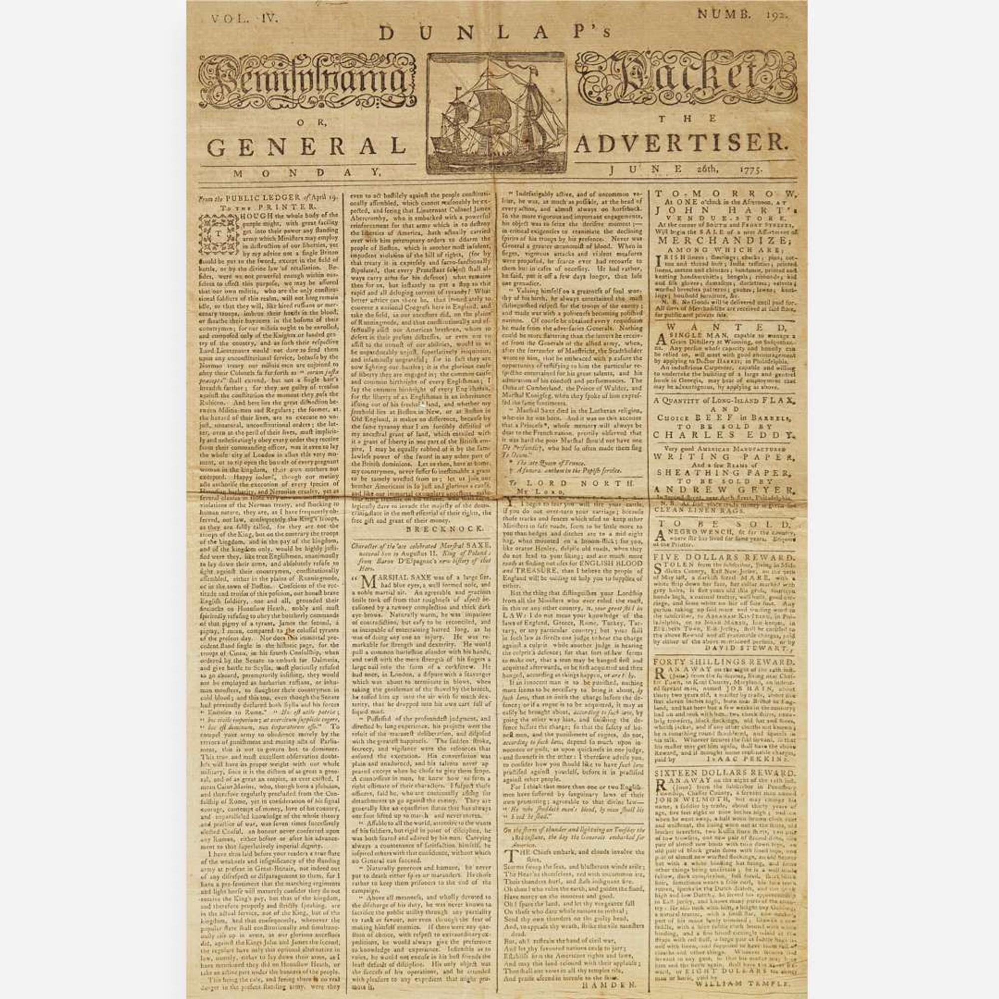 [American Revolution] [Gage, Thomas] Dunlap's Pennsylvania Packet Or, The General Advertiser
