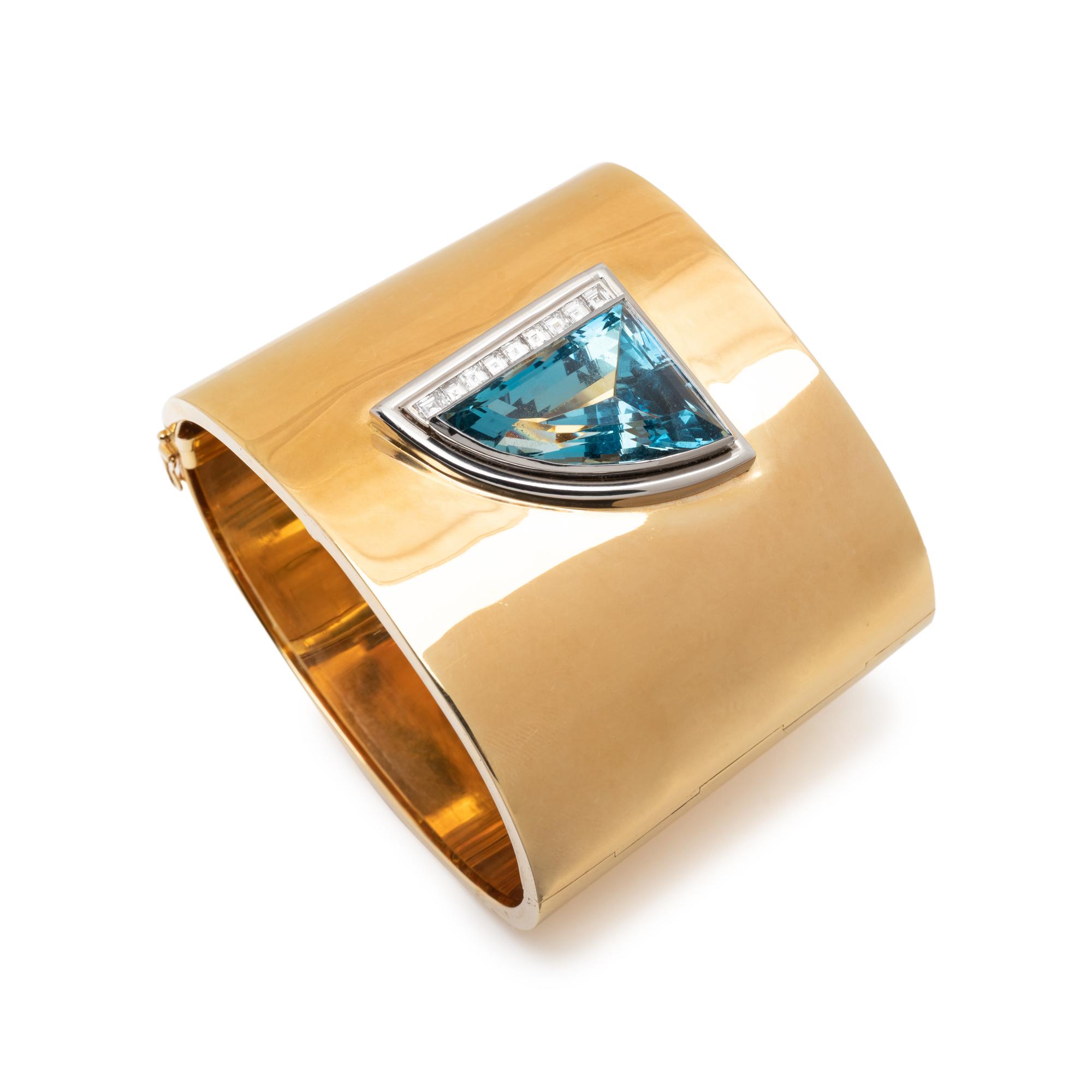 TIFFANY & CO., PALOMA PICASSO, BICOLOR GOLD, AQUAMARINE AND DIAMOND BANGLE BRACELET