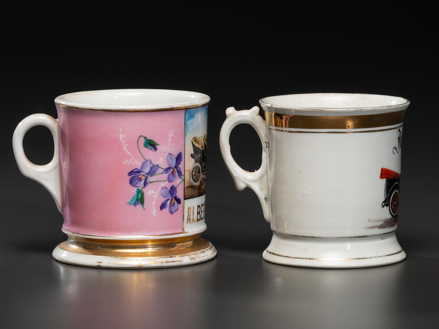 Two Shaving Mugs Depicting Open Touring Automobiles