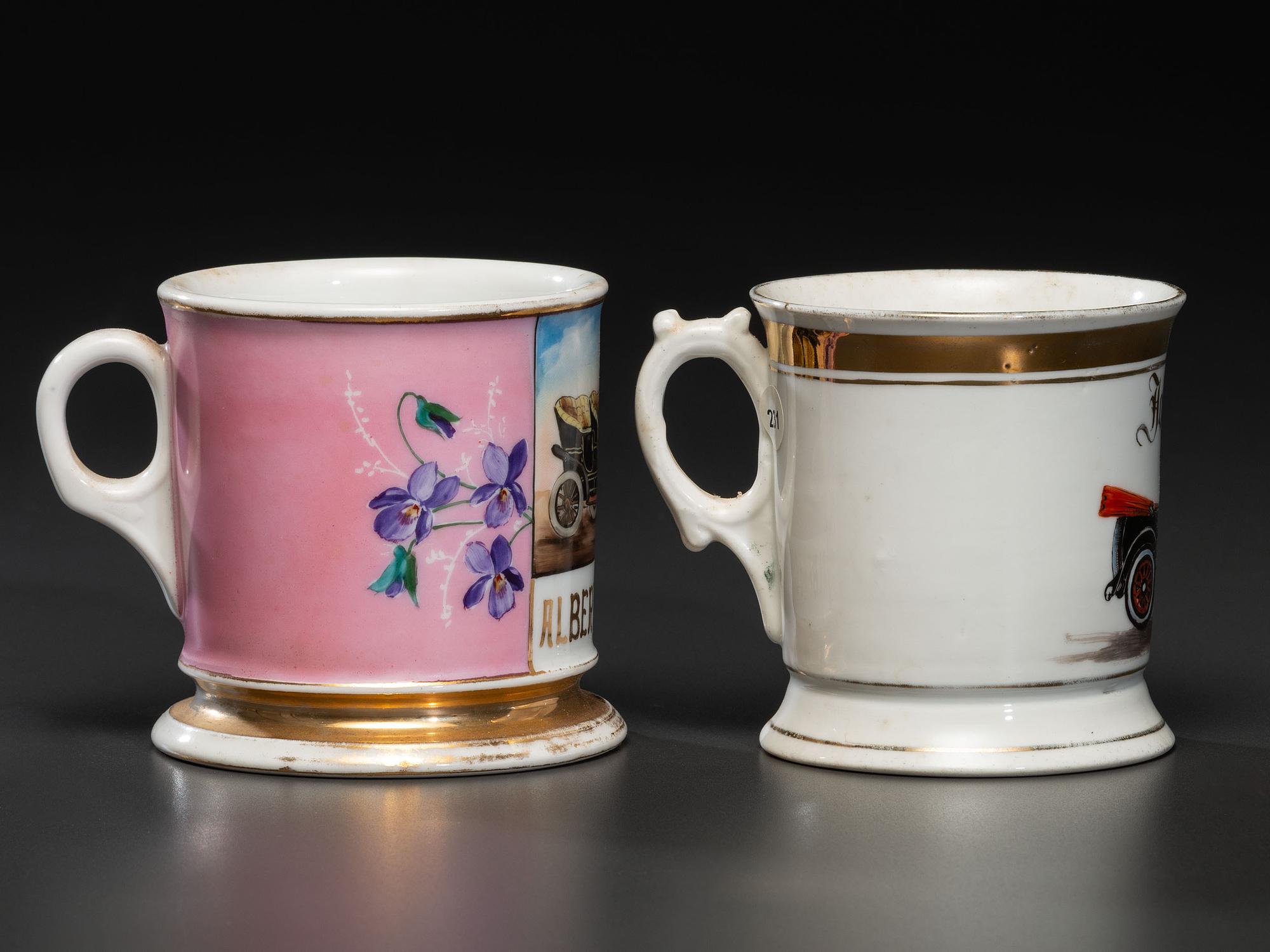 Two Shaving Mugs Depicting Open Touring Automobiles
