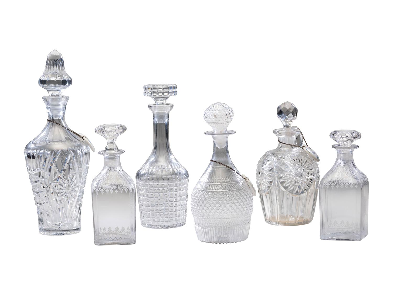 Six Cut and Etched Glass Decanters