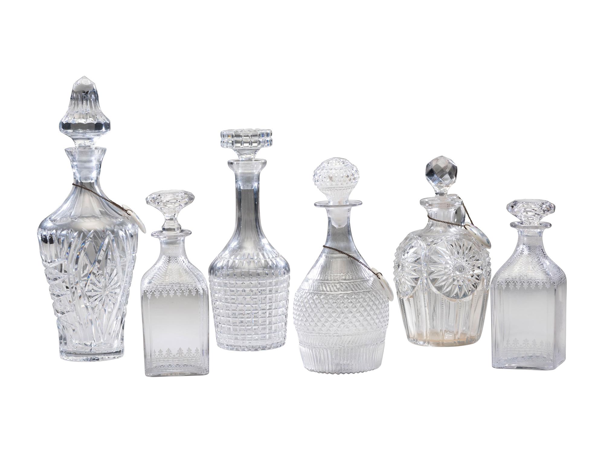 Six Cut and Etched Glass Decanters
