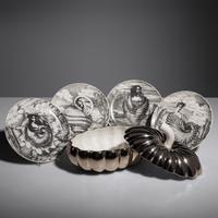 Four Le Oceanidi Plates, c. 1950 along with a Zucca Bowl with Lid, c. 1965 Fornasetti, Italy