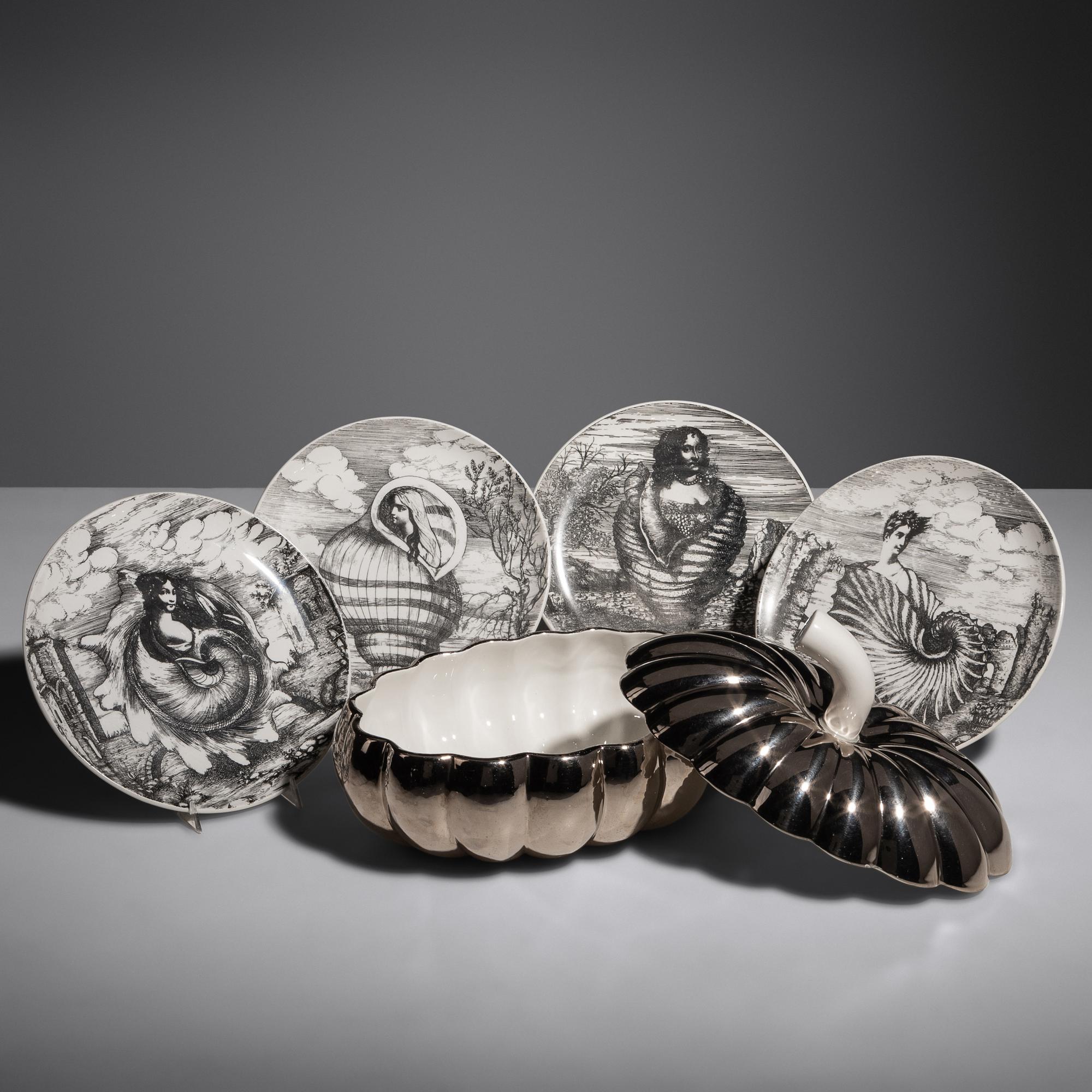 Four Le Oceanidi Plates, c. 1950 along with a Zucca Bowl with Lid, c. 1965 Fornasetti, Italy