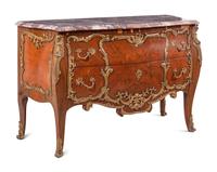 A Louis XV Style Gilt Bronze Mounted Marquetry Marble-Top Commode