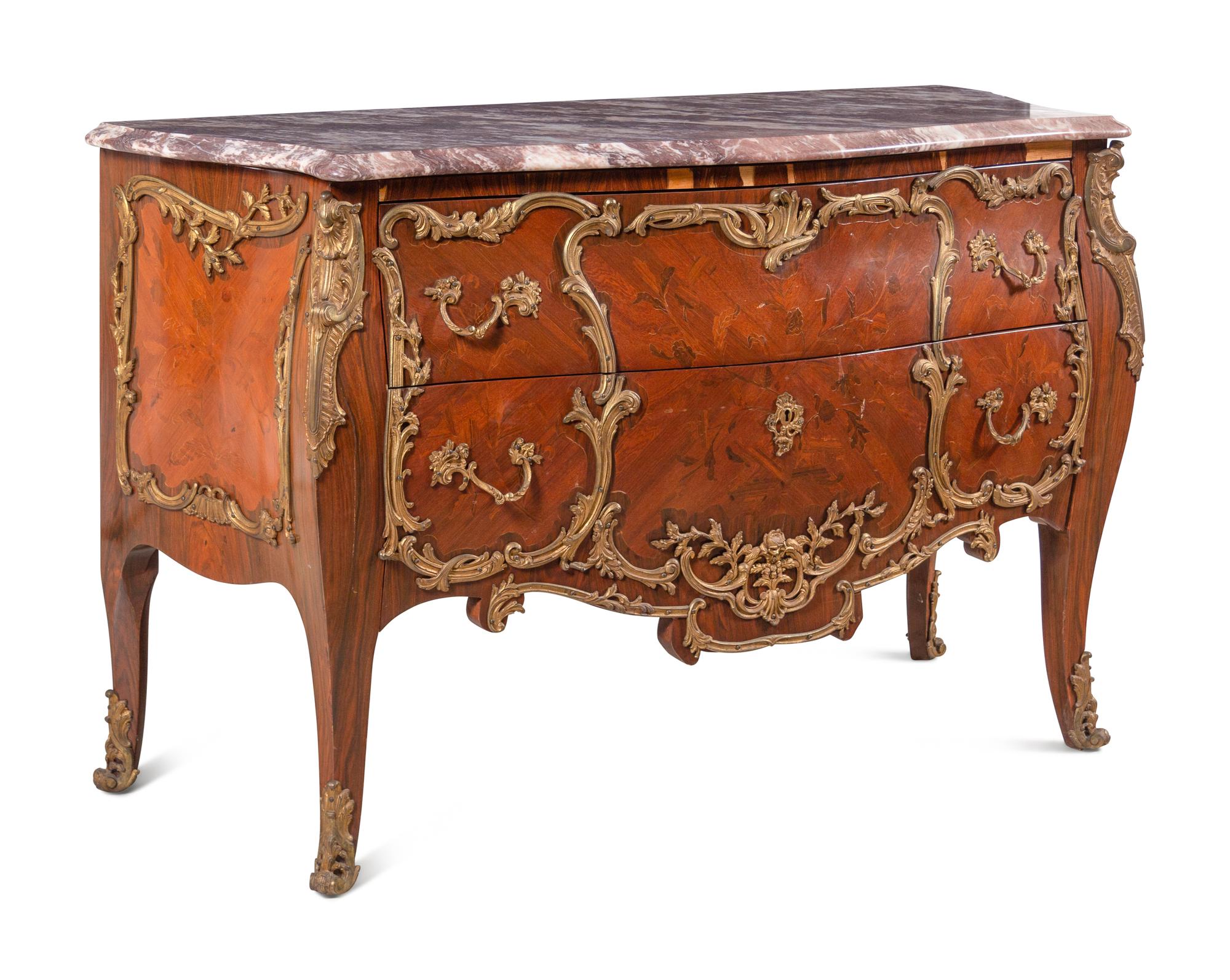 A Louis XV Style Gilt Bronze Mounted Marquetry Marble-Top Commode