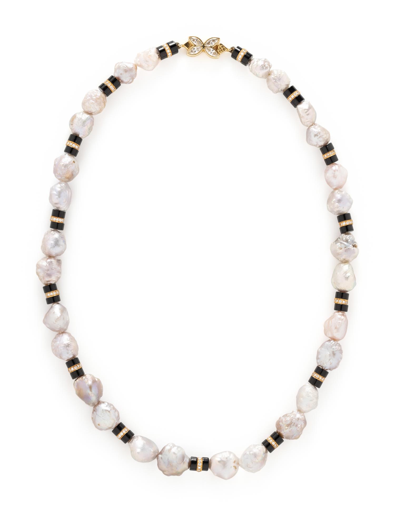 BAROQUE CULTURED PEARL, BLACK BEAD AND DIAMOND NECKLACE