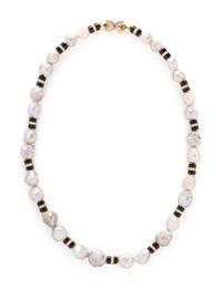 BAROQUE CULTURED PEARL, BLACK BEAD AND DIAMOND NECKLACE