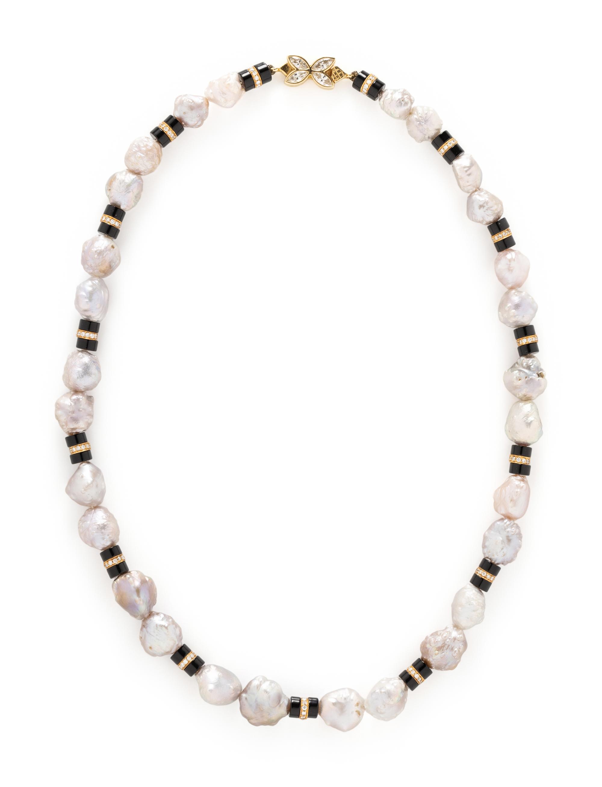 BAROQUE CULTURED PEARL, BLACK BEAD AND DIAMOND NECKLACE