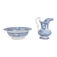 A Staffordshire Blue and White Transferware Wash Basin and Ewer