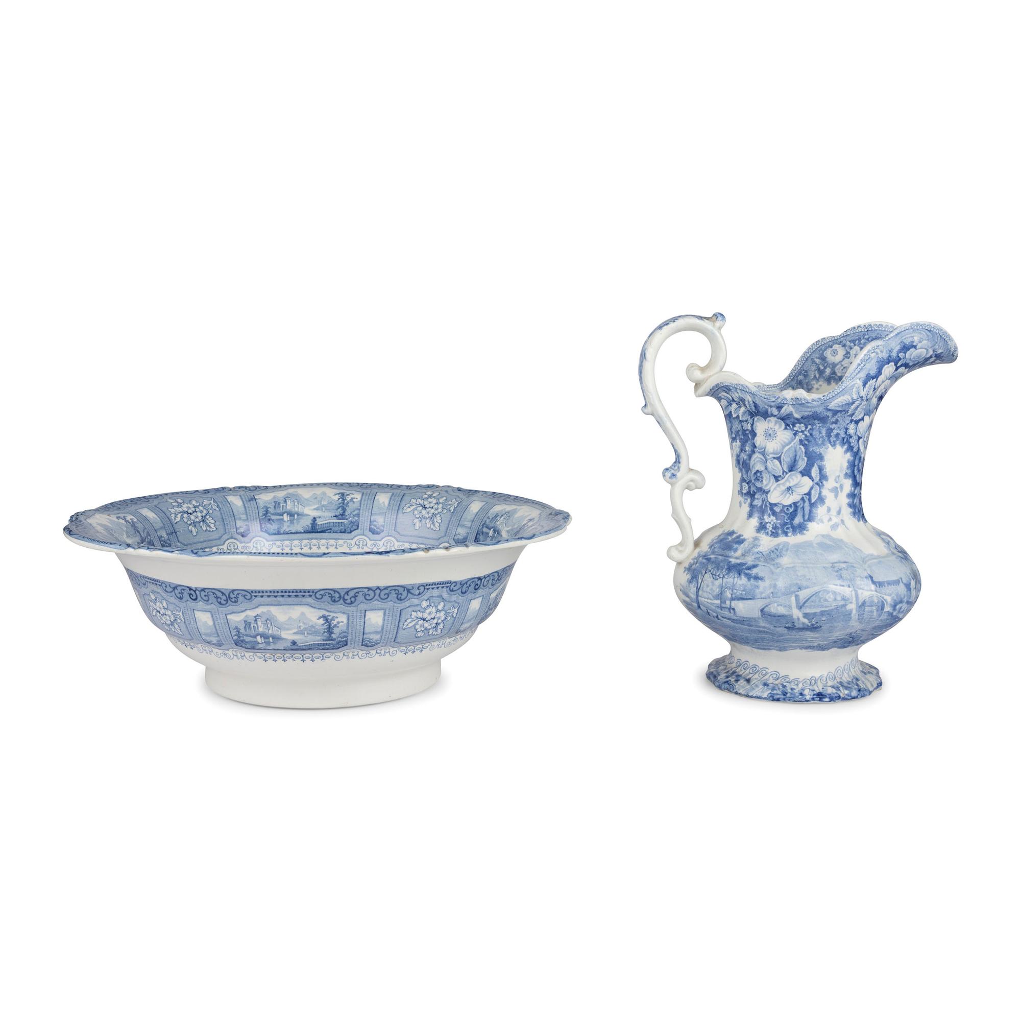 A Staffordshire Blue and White Transferware Wash Basin and Ewer
