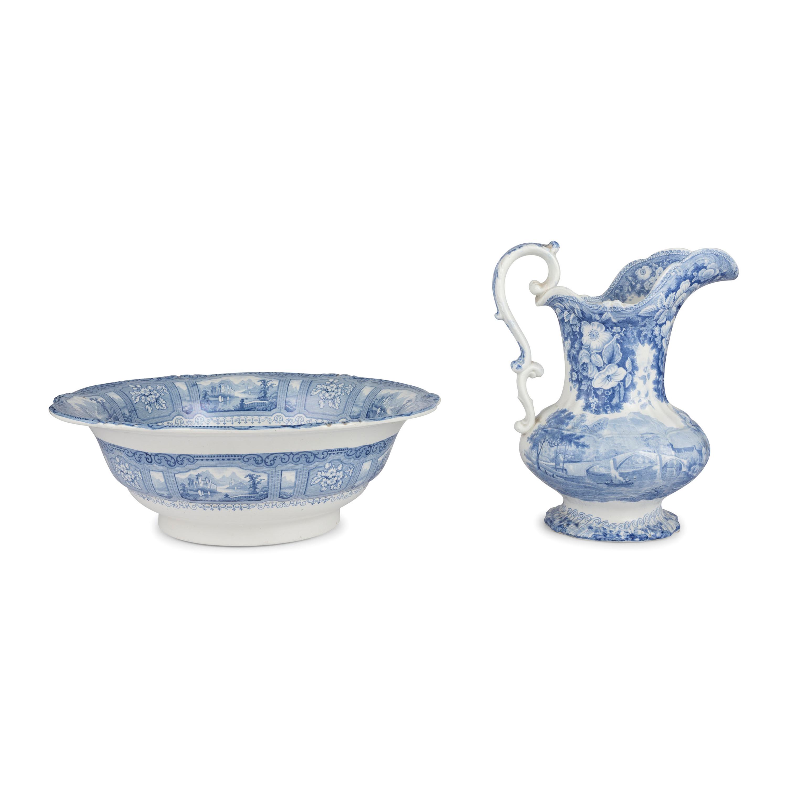 A Staffordshire Blue and White Transferware Wash Basin and Ewer