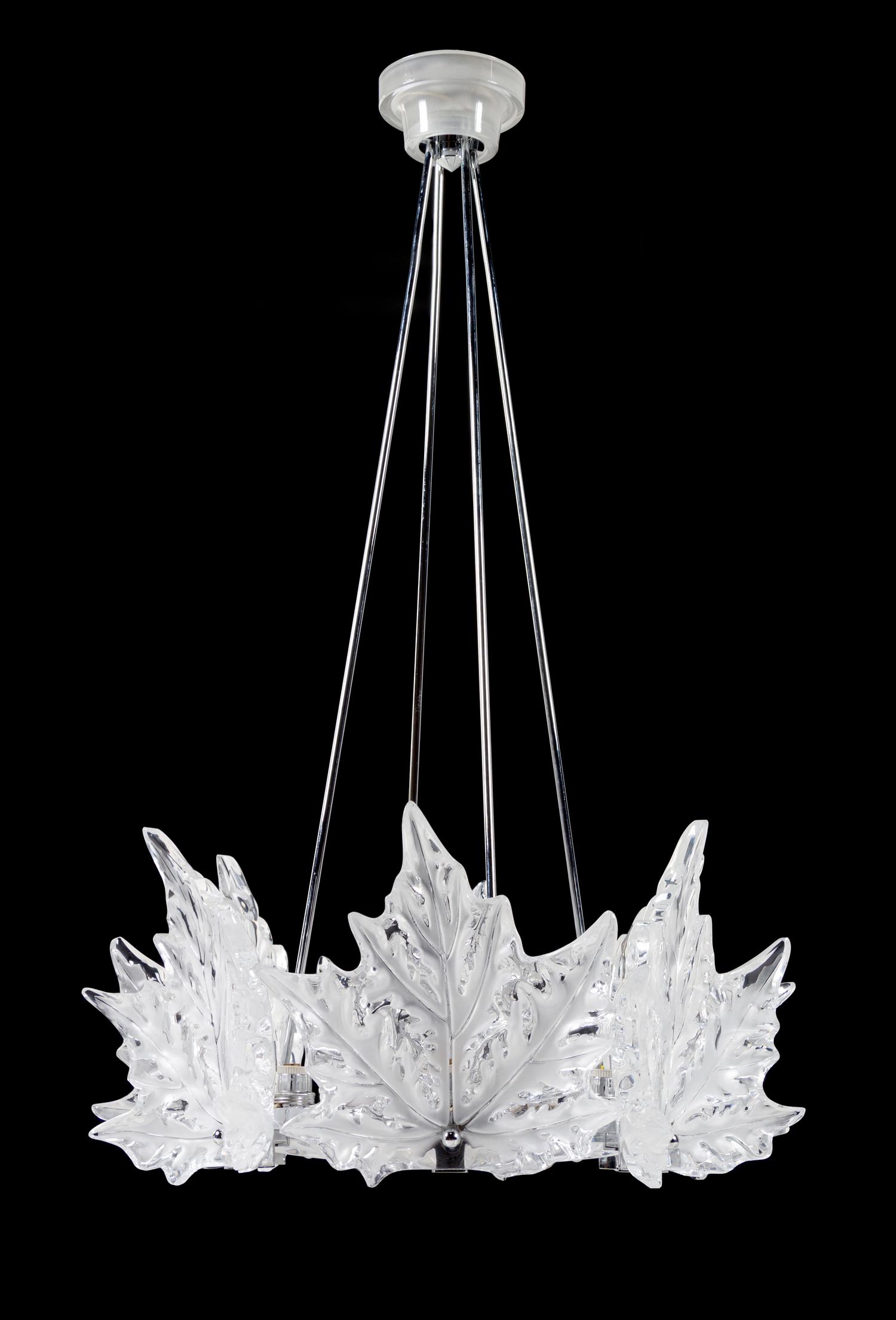 A Lalique Molded and Frosted Glass Chandelier Height 35 1/2 x diameter 21 inches. — POST-1945